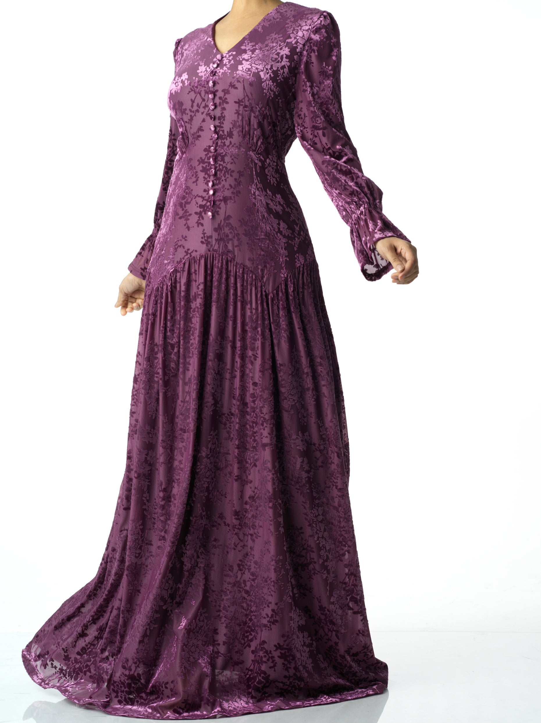 Zaria Eggplant velvet burnout modest maxi dress Kabayare