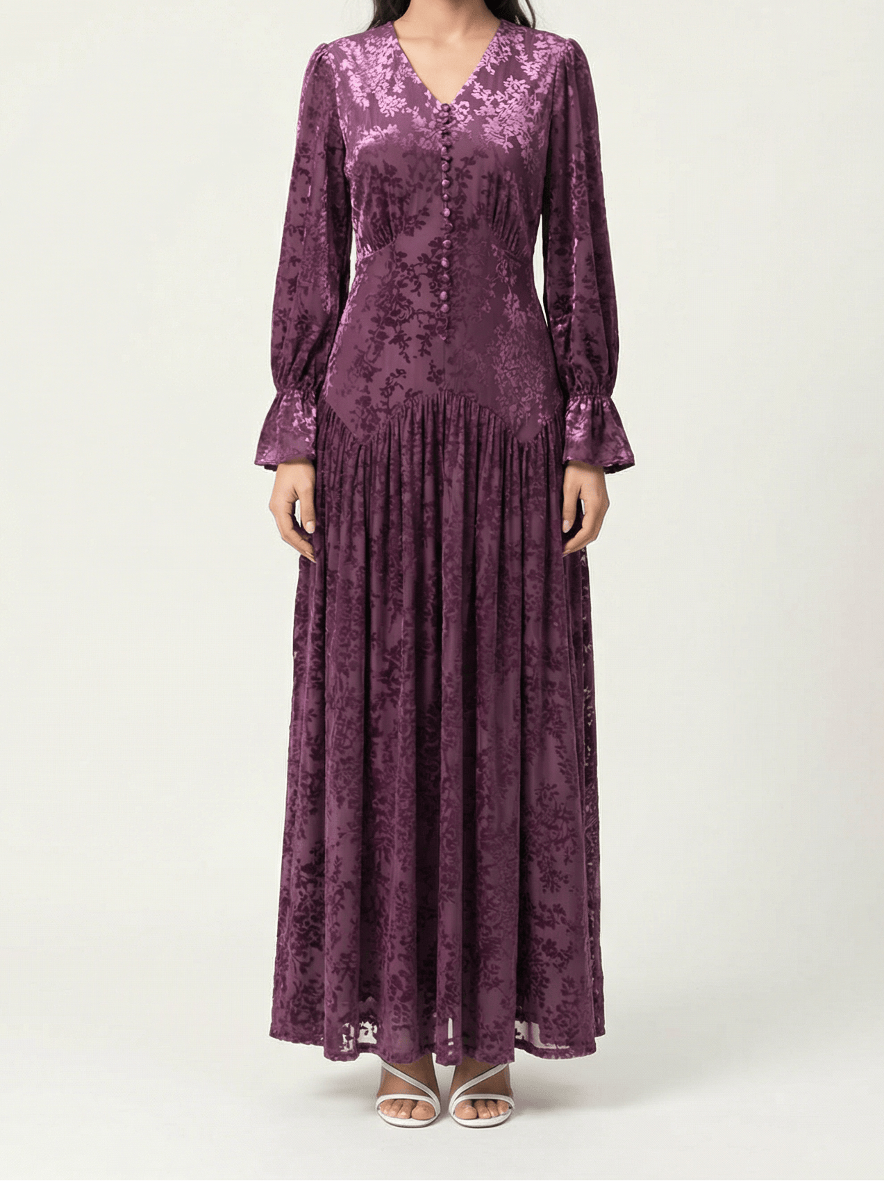 Zaria Eggplant velvet burnout modest maxi dress Kabayare