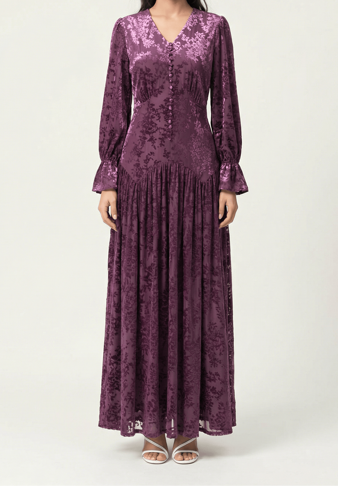 Zaria Eggplant velvet burnout modest maxi dress Kabayare