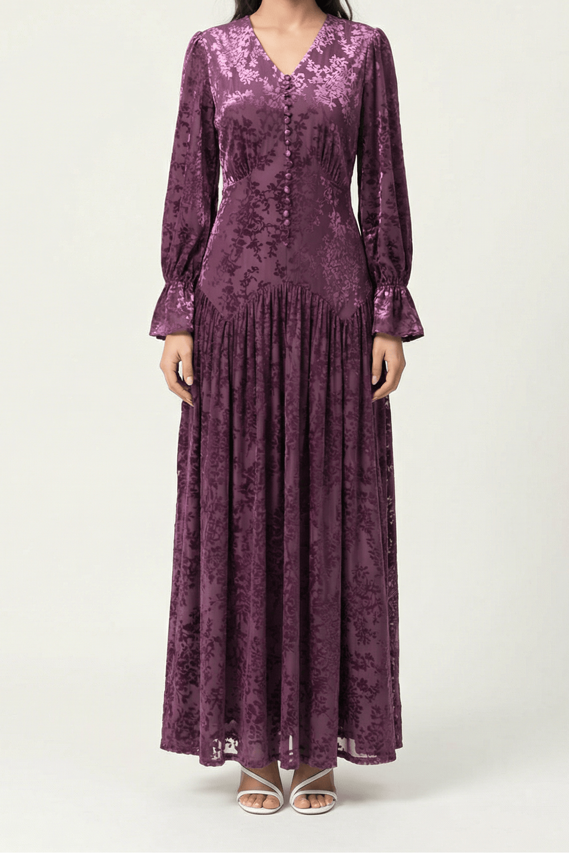 Zaria Eggplant velvet burnout modest maxi dress Kabayare