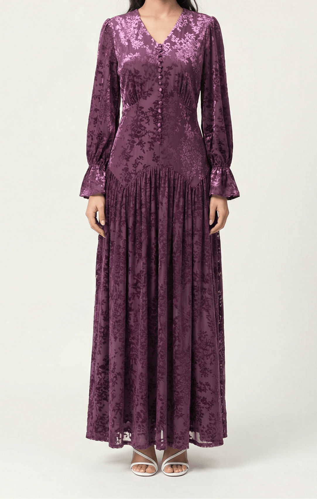 Zaria Eggplant velvet burnout modest maxi dress Kabayare