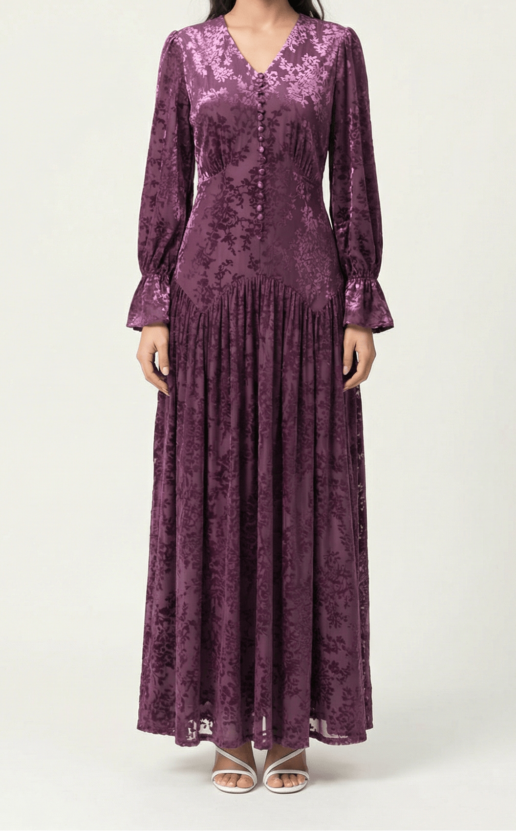 Zaria Eggplant velvet burnout modest maxi dress Kabayare