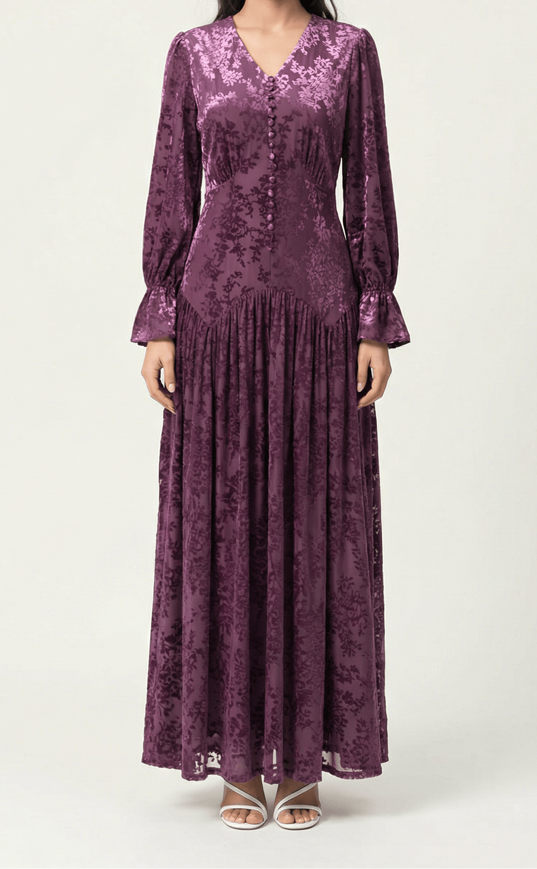 Zaria Eggplant velvet burnout modest maxi dress Kabayare