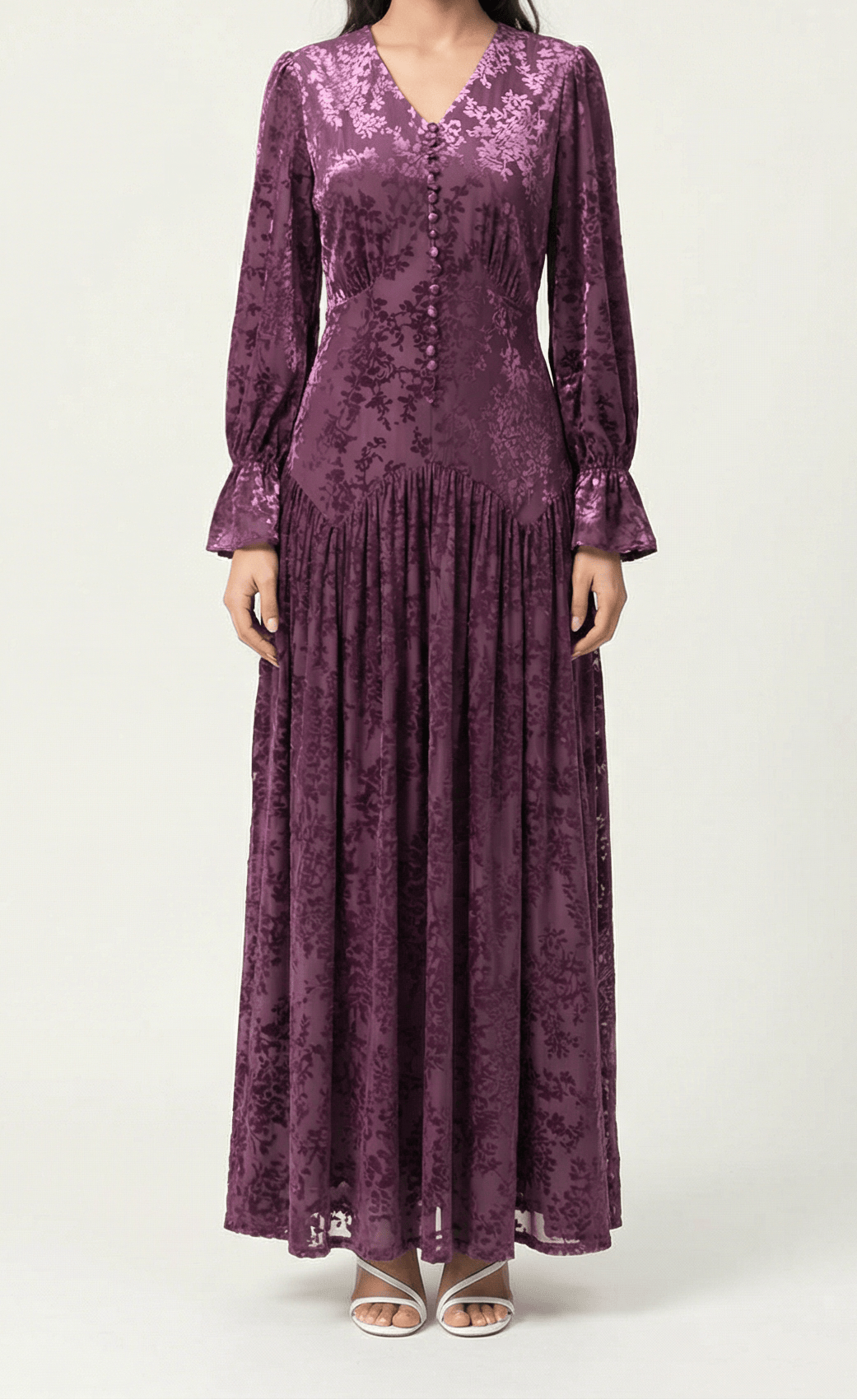 Zaria Eggplant velvet burnout modest maxi dress Kabayare