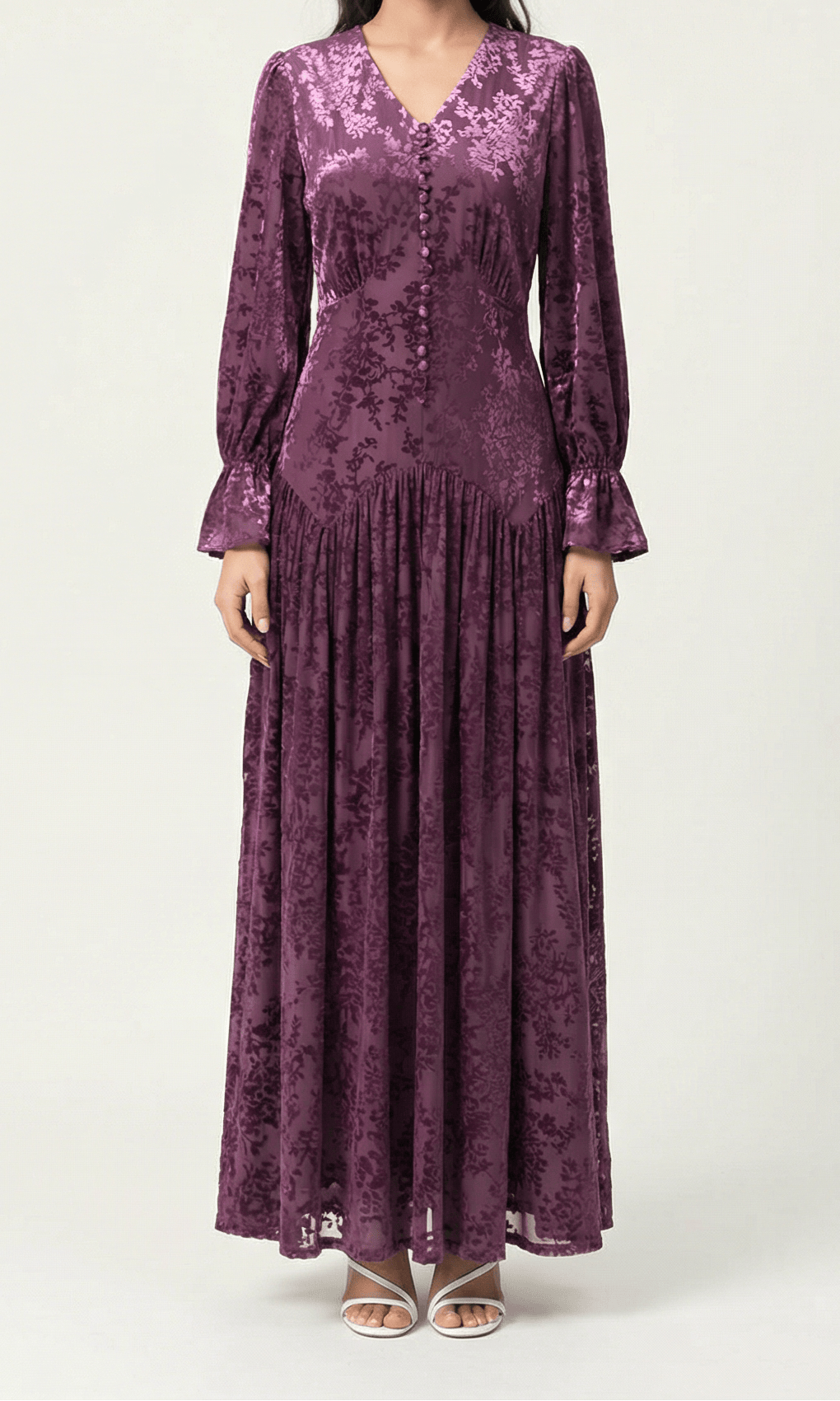 Zaria Eggplant velvet burnout modest maxi dress Kabayare