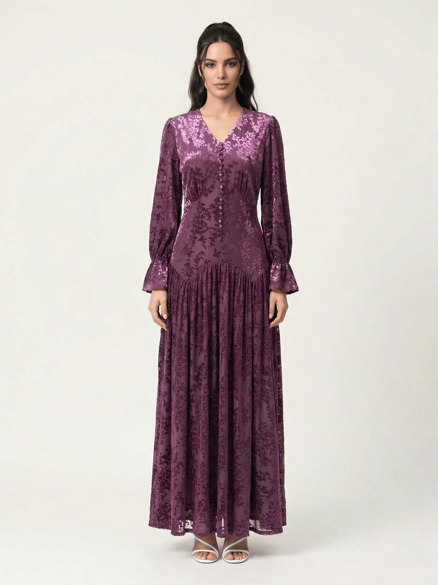 Zaria Eggplant velvet burnout modest maxi dress Kabayare