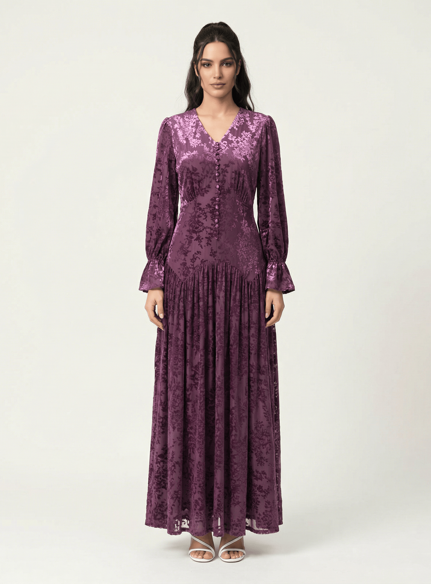 Zaria Eggplant velvet burnout modest maxi dress Kabayare