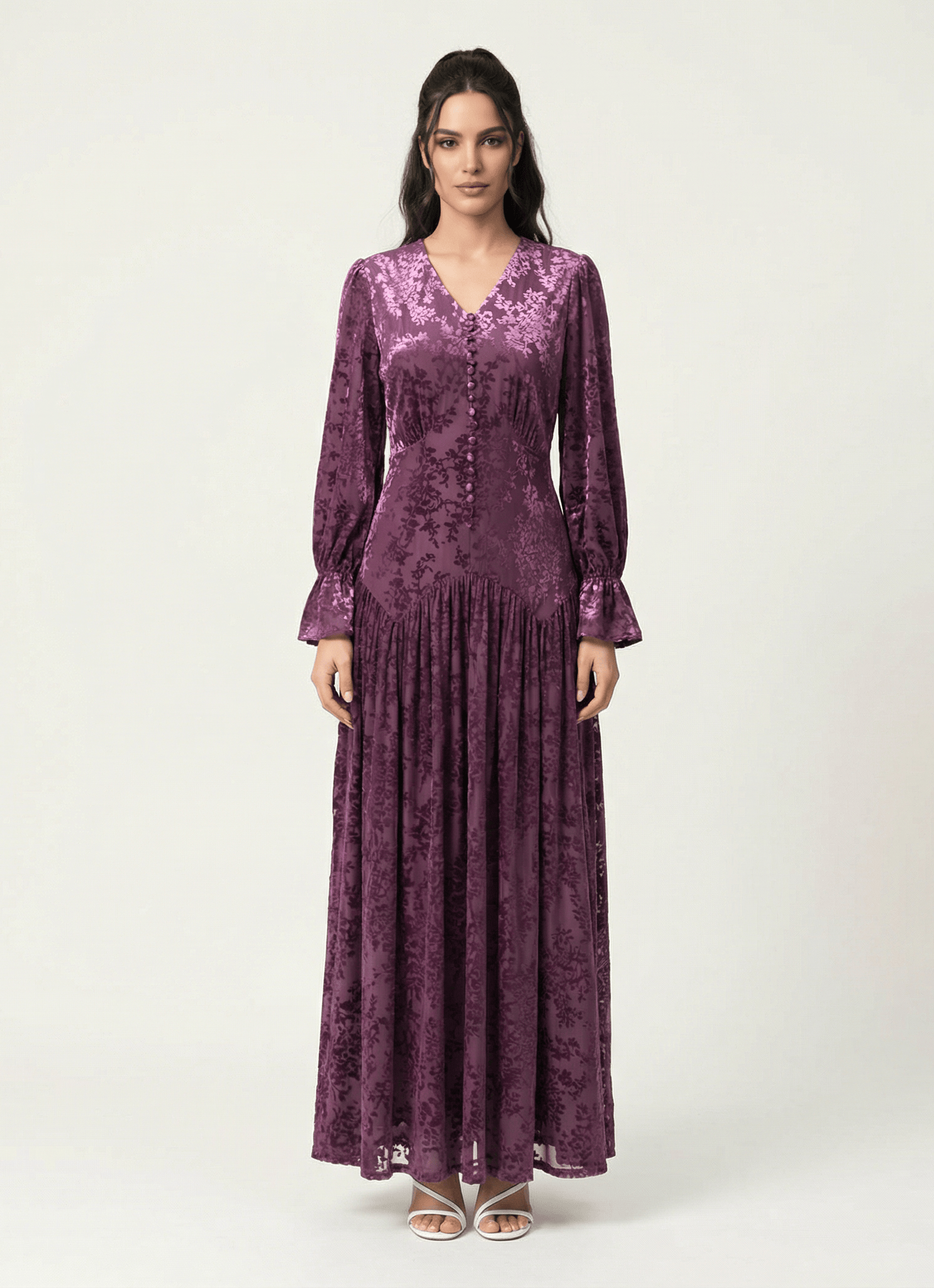Zaria Eggplant velvet burnout modest maxi dress Kabayare