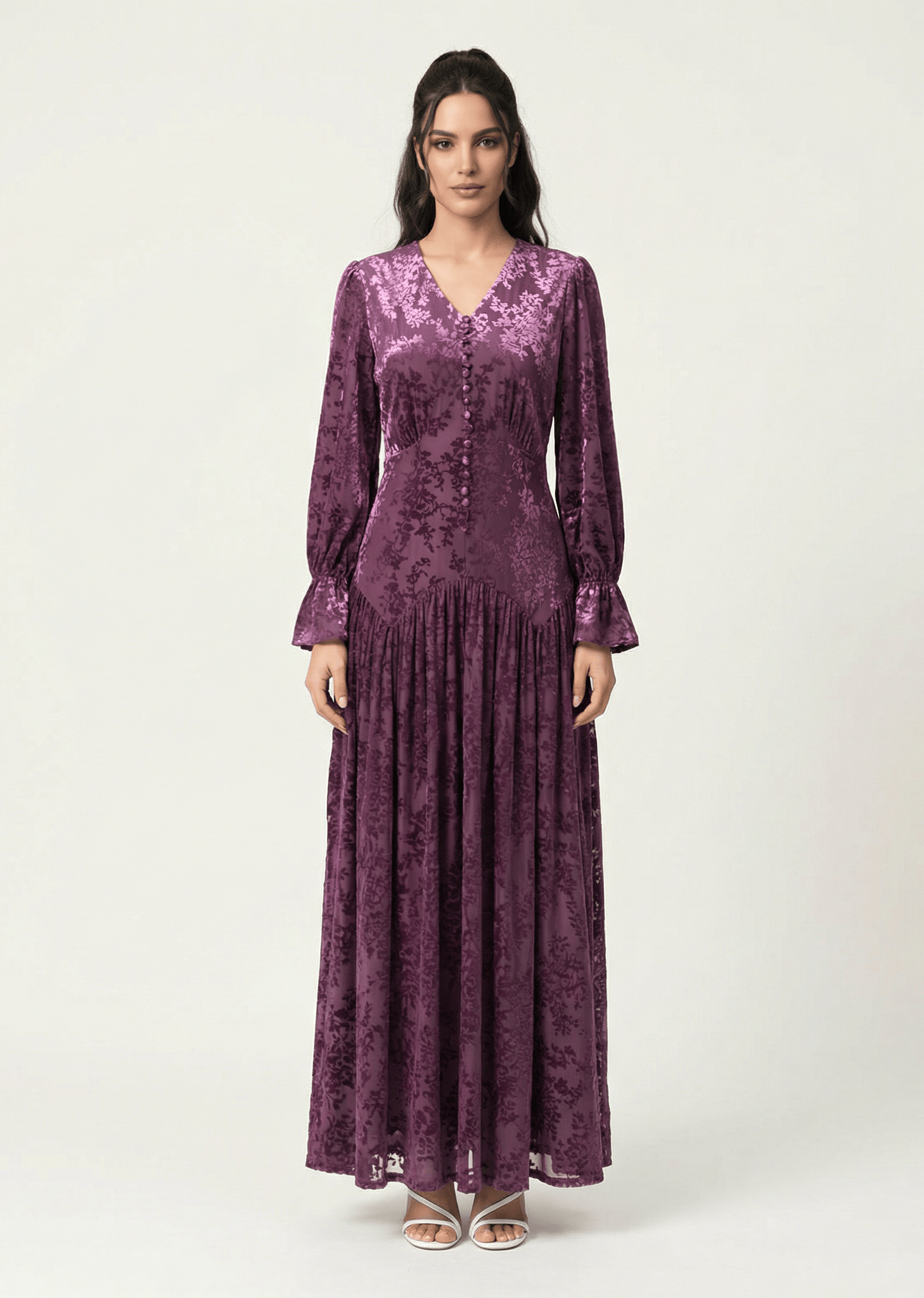Zaria Eggplant velvet burnout modest maxi dress Kabayare