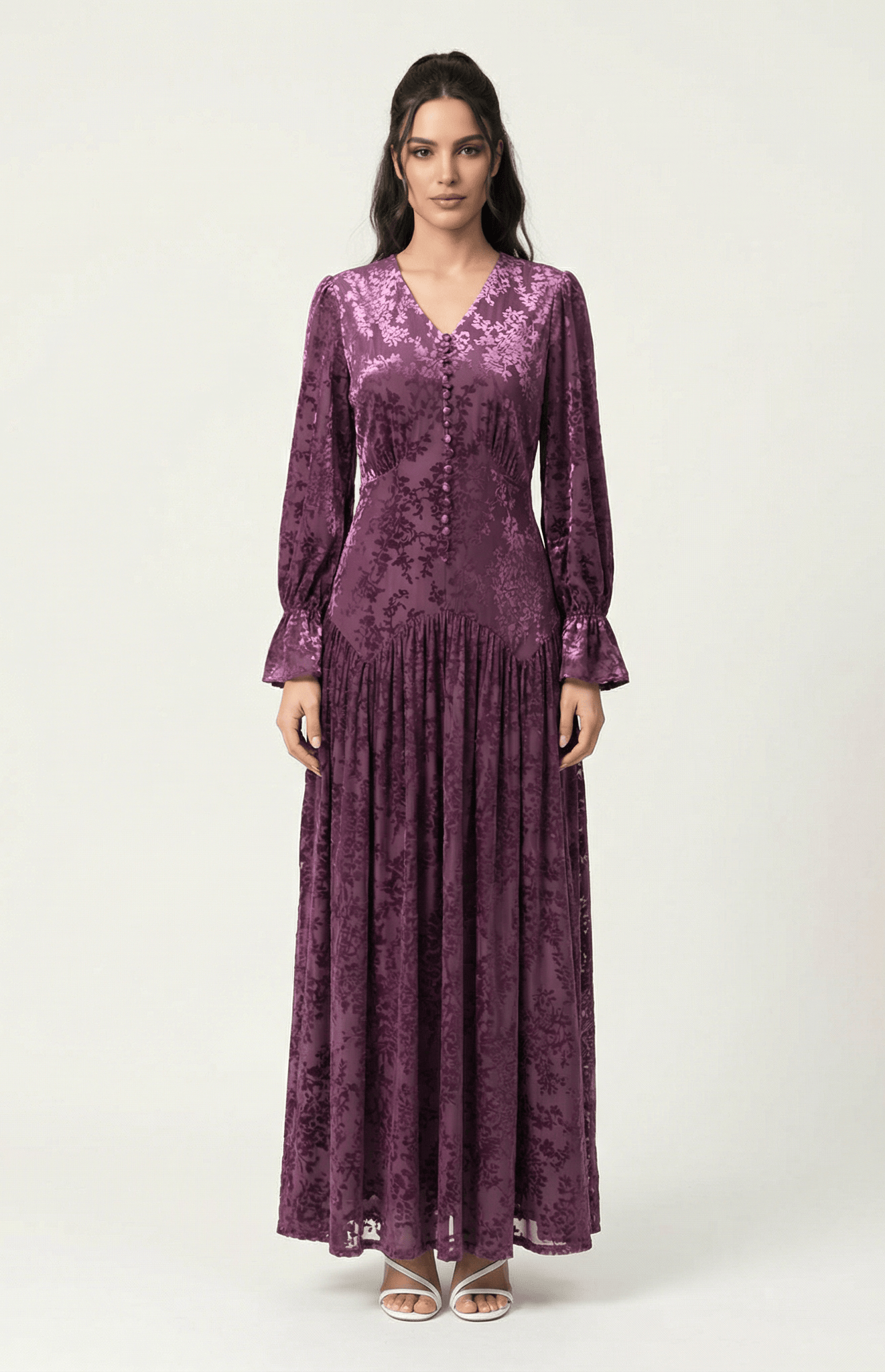 Zaria Eggplant velvet burnout modest maxi dress Kabayare