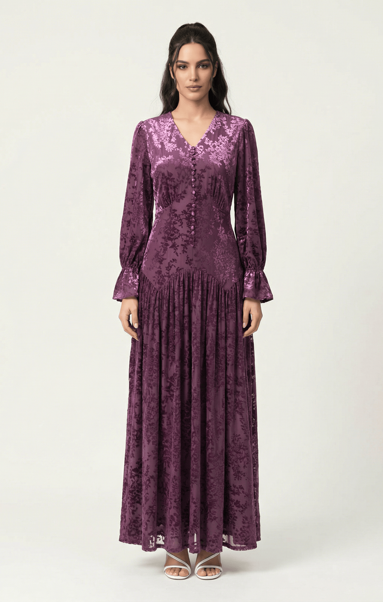Zaria Eggplant velvet burnout modest maxi dress Kabayare