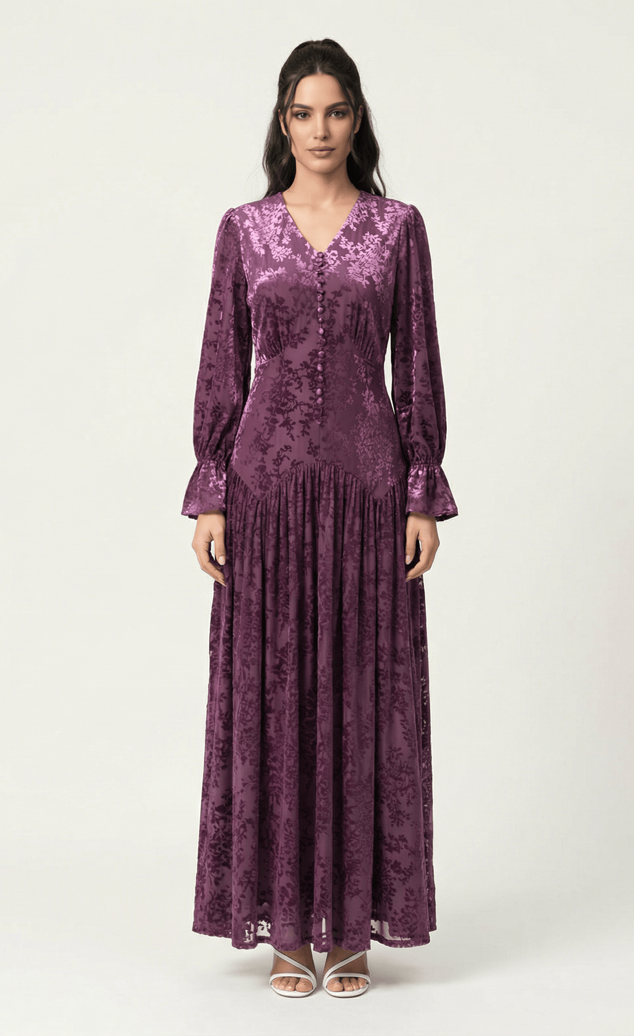 Zaria Eggplant velvet burnout modest maxi dress Kabayare