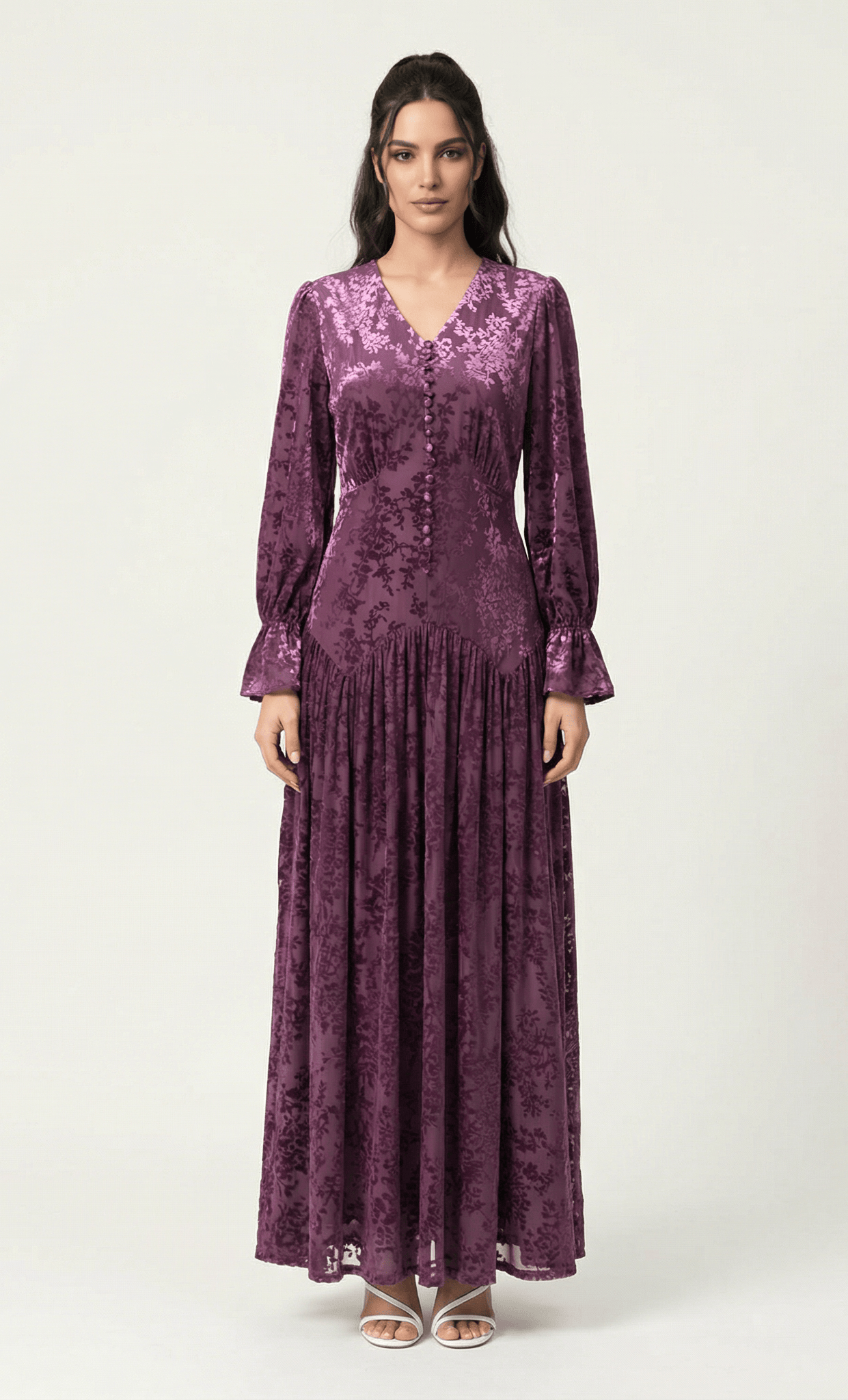 Zaria Eggplant velvet burnout modest maxi dress Kabayare