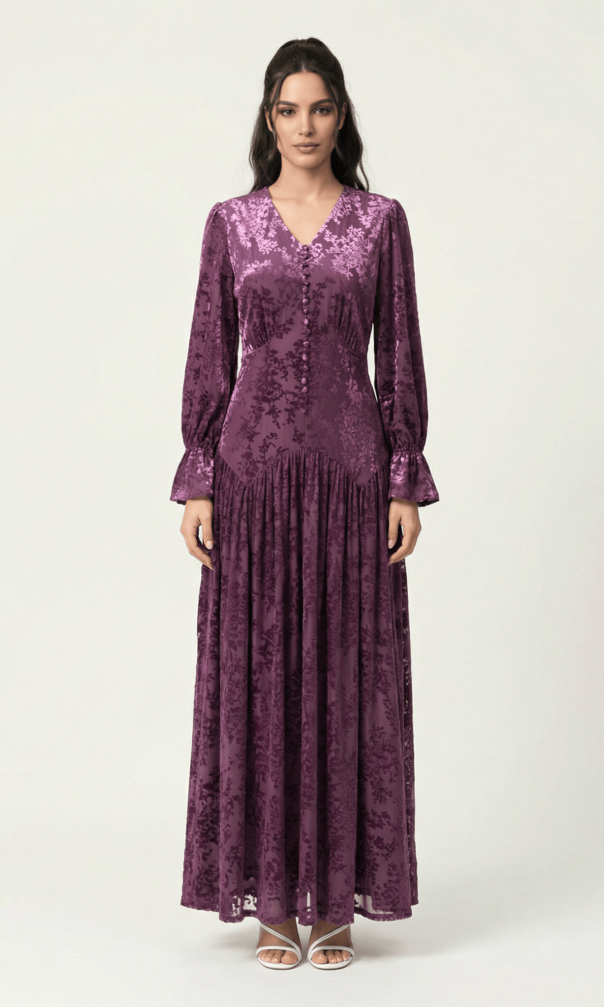 Zaria Eggplant velvet burnout modest maxi dress Kabayare