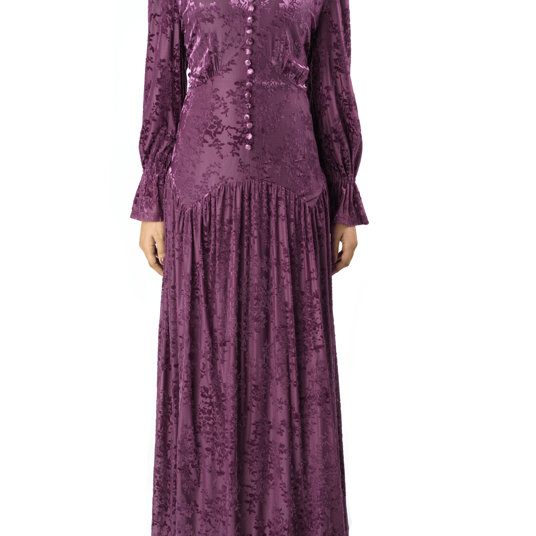 Zaria Eggplant velvet burnout modest maxi dress Kabayare