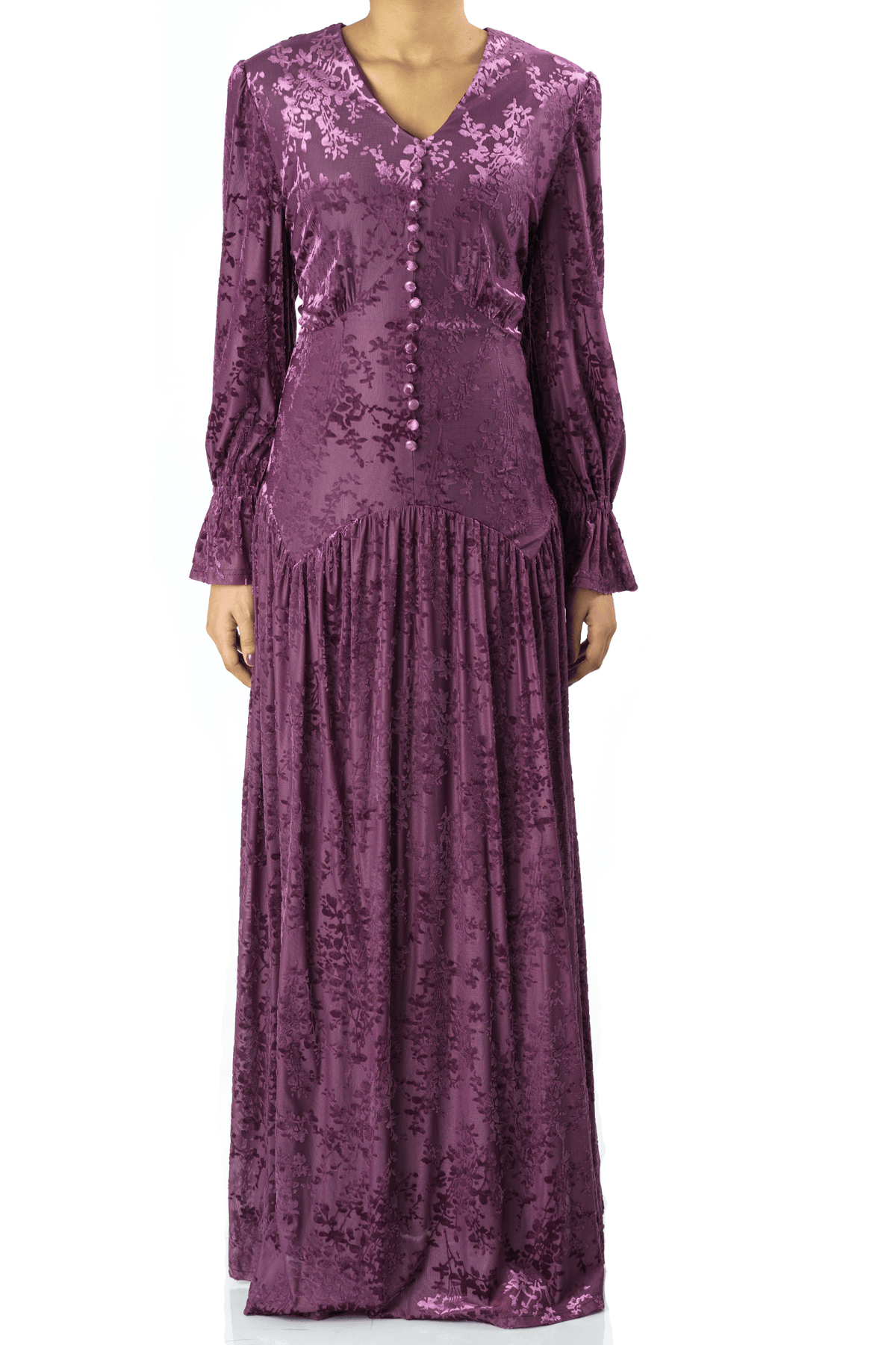 Zaria Eggplant velvet burnout modest maxi dress Kabayare