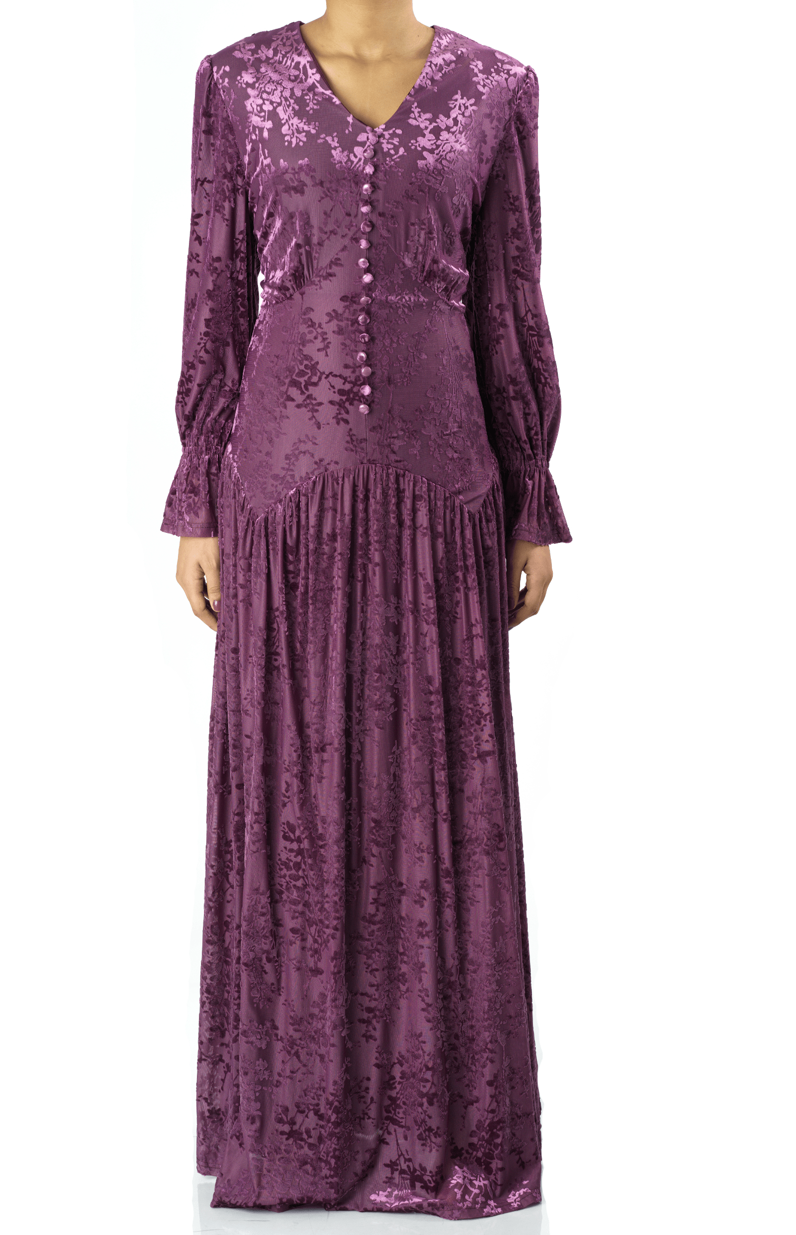 Zaria Eggplant velvet burnout modest maxi dress Kabayare