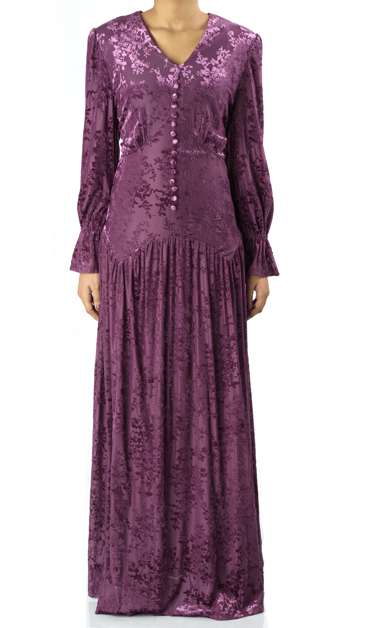 Zaria Eggplant velvet burnout modest maxi dress Kabayare