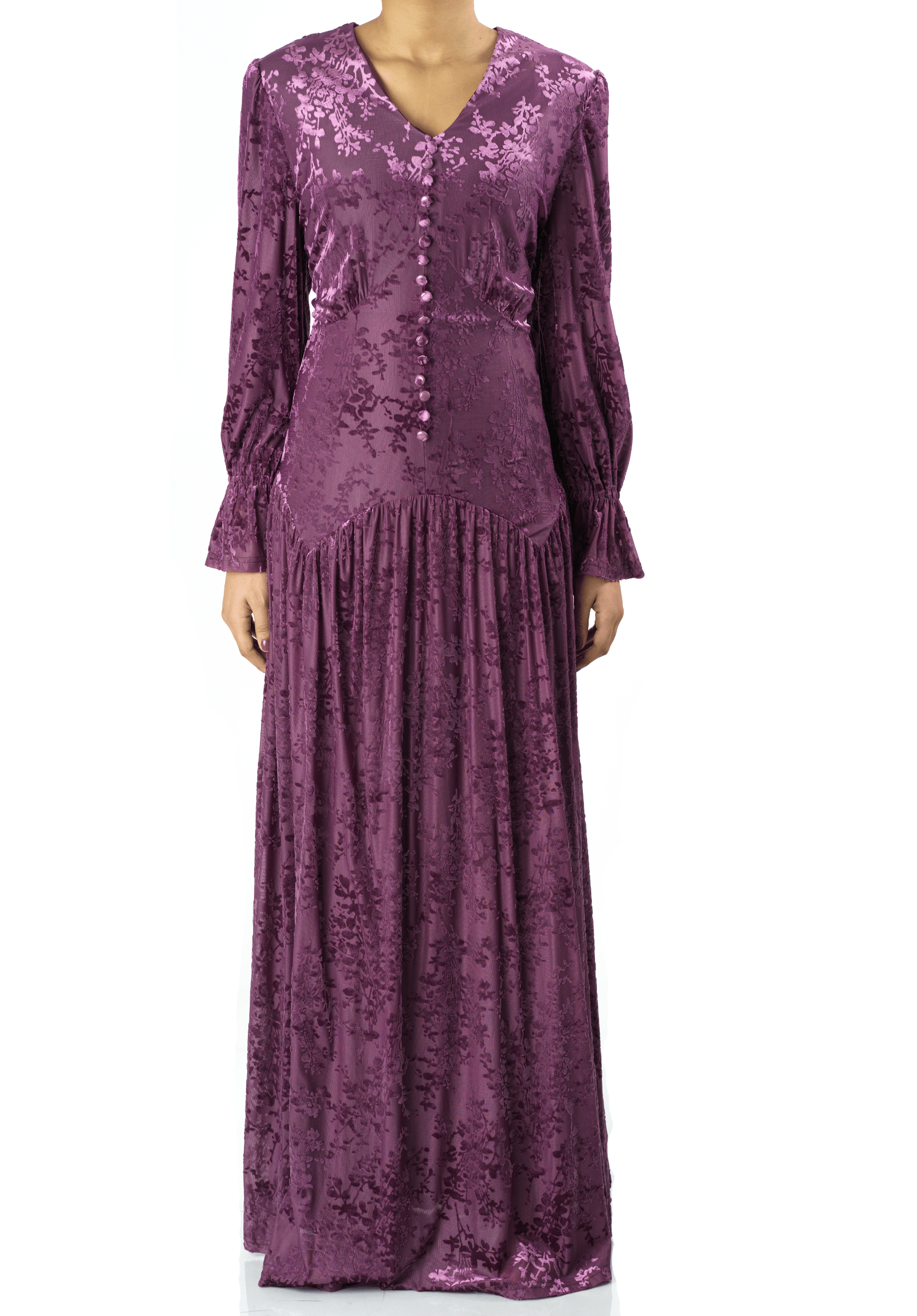 Zaria Eggplant velvet burnout modest maxi dress Kabayare
