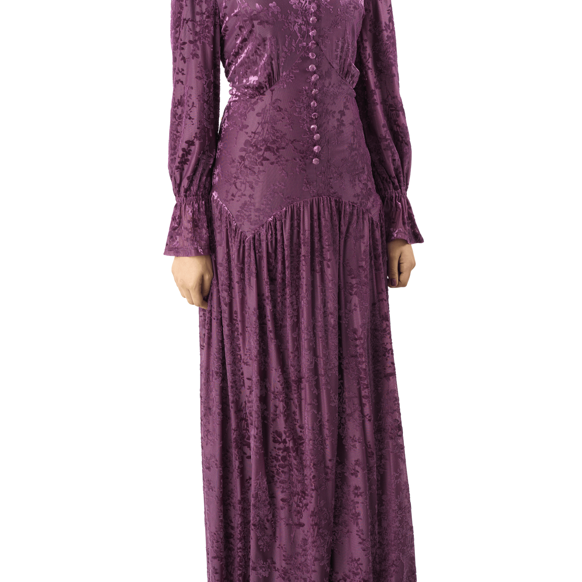 Zaria Eggplant velvet burnout modest maxi dress Kabayare
