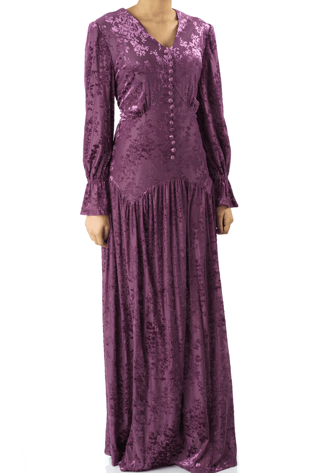 Zaria Eggplant velvet burnout modest maxi dress Kabayare