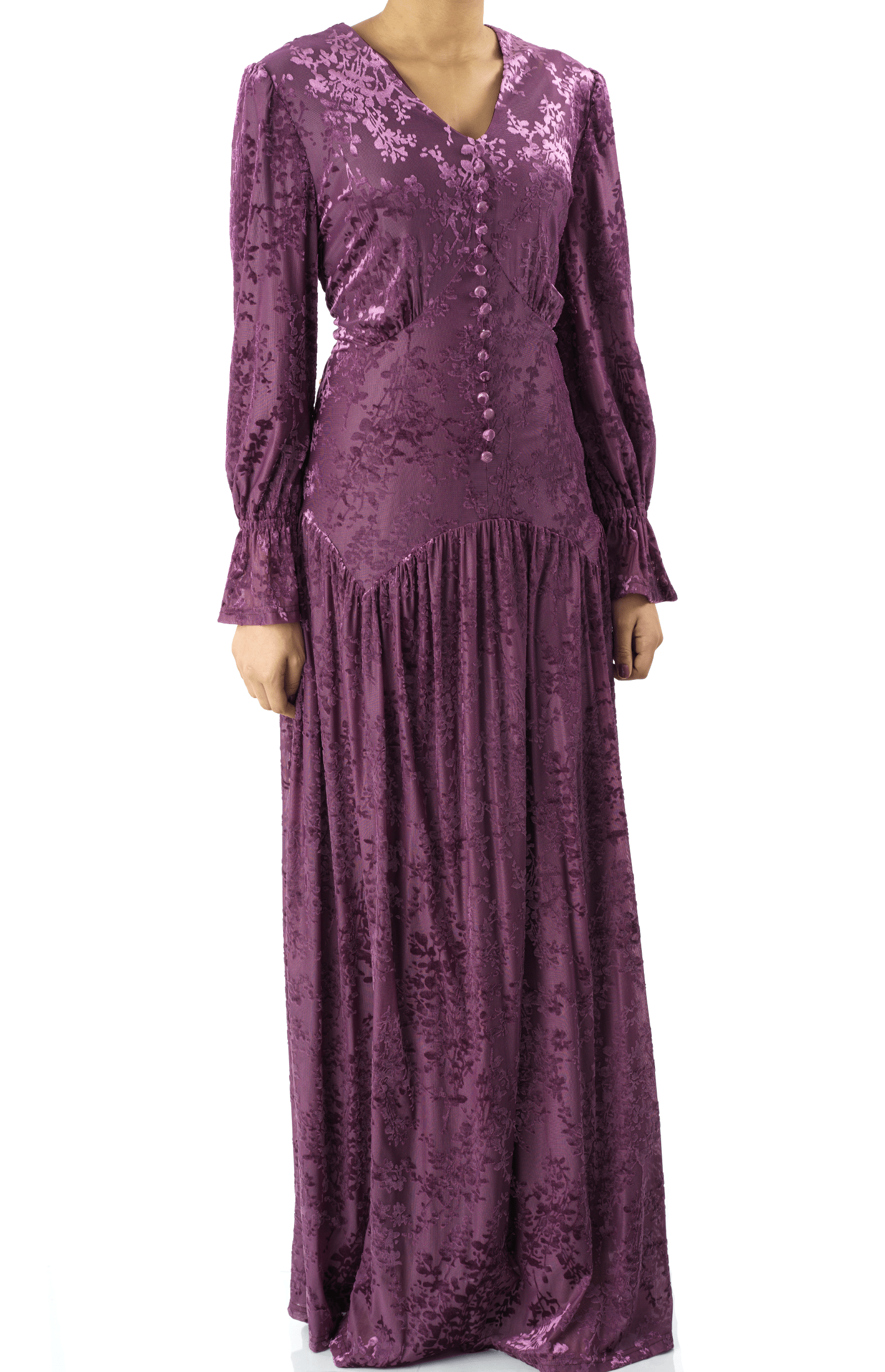 Zaria Eggplant velvet burnout modest maxi dress Kabayare