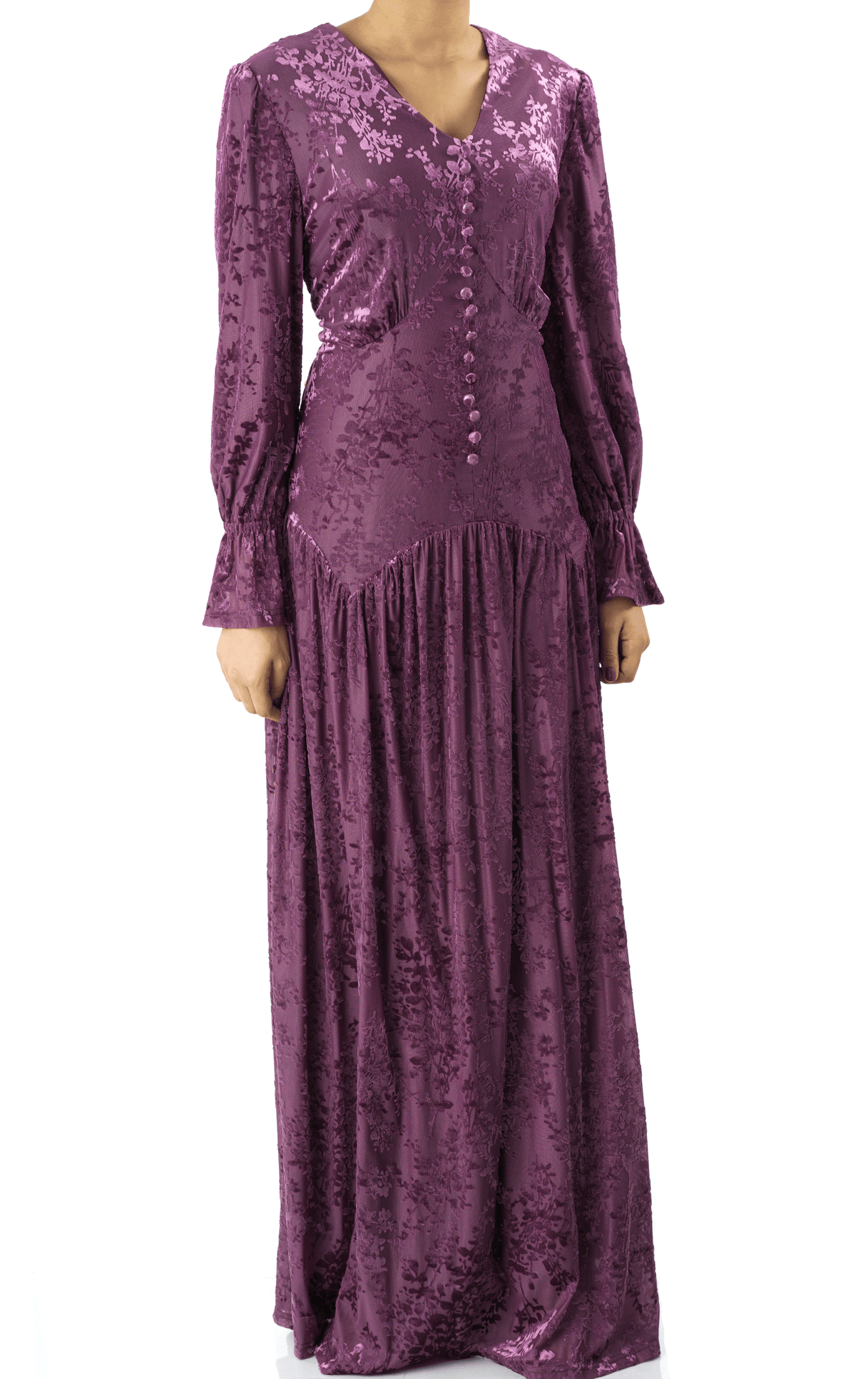 Zaria Eggplant velvet burnout modest maxi dress Kabayare