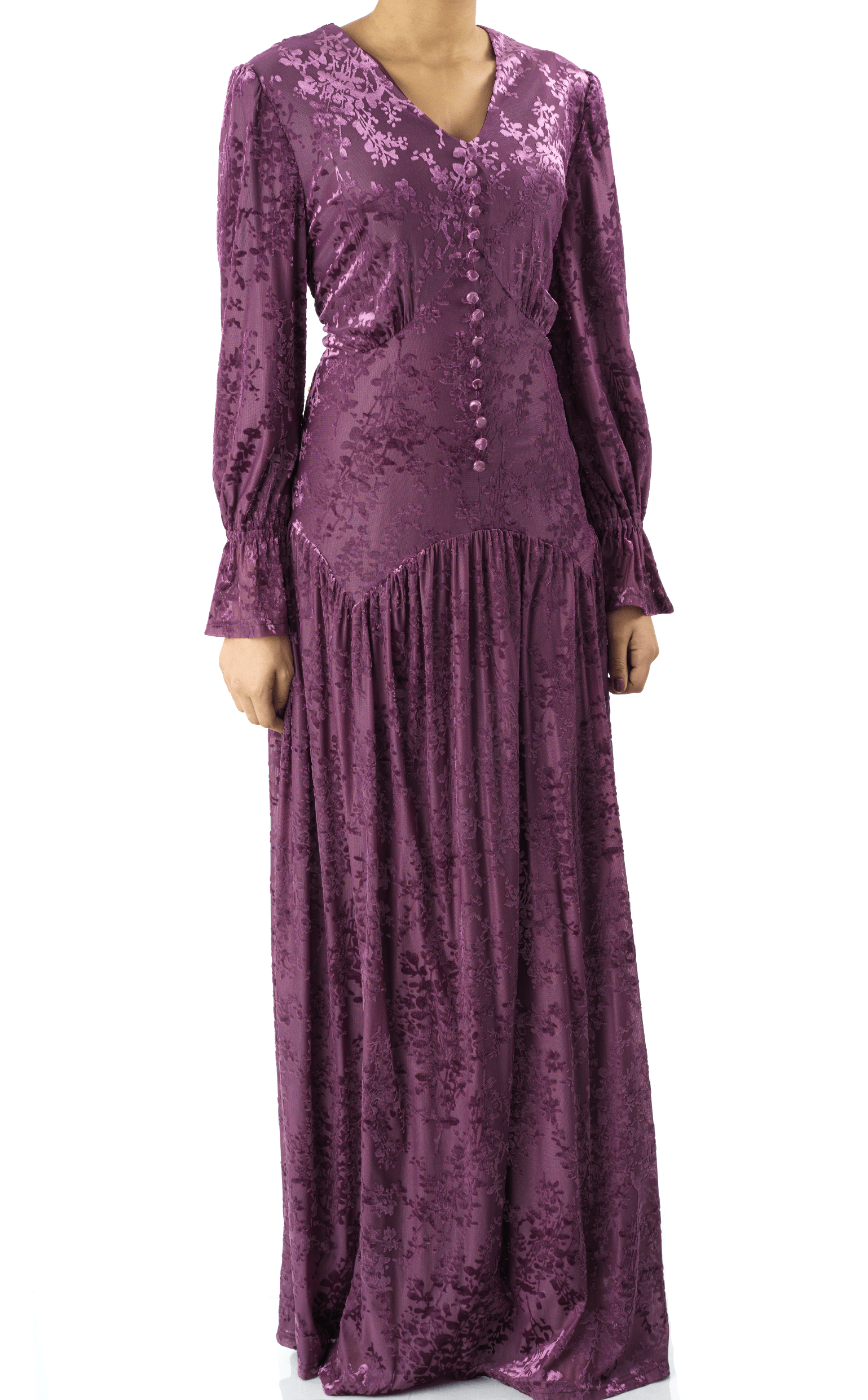 Zaria Eggplant velvet burnout modest maxi dress Kabayare