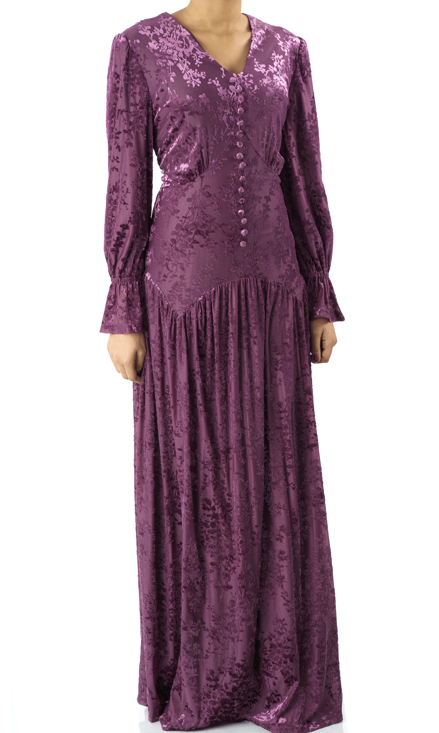 Zaria Eggplant velvet burnout modest maxi dress Kabayare