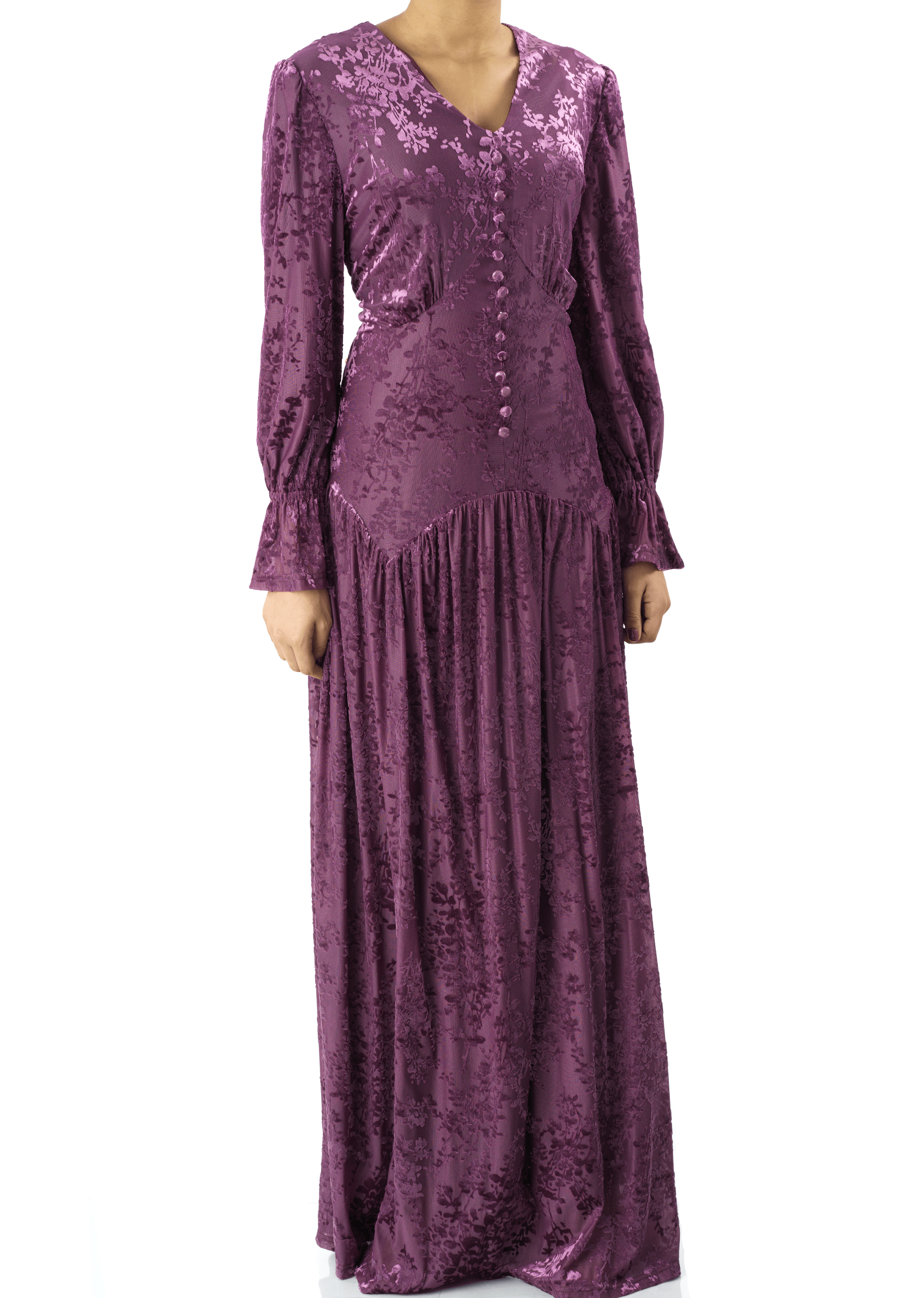 Zaria Eggplant velvet burnout modest maxi dress Kabayare