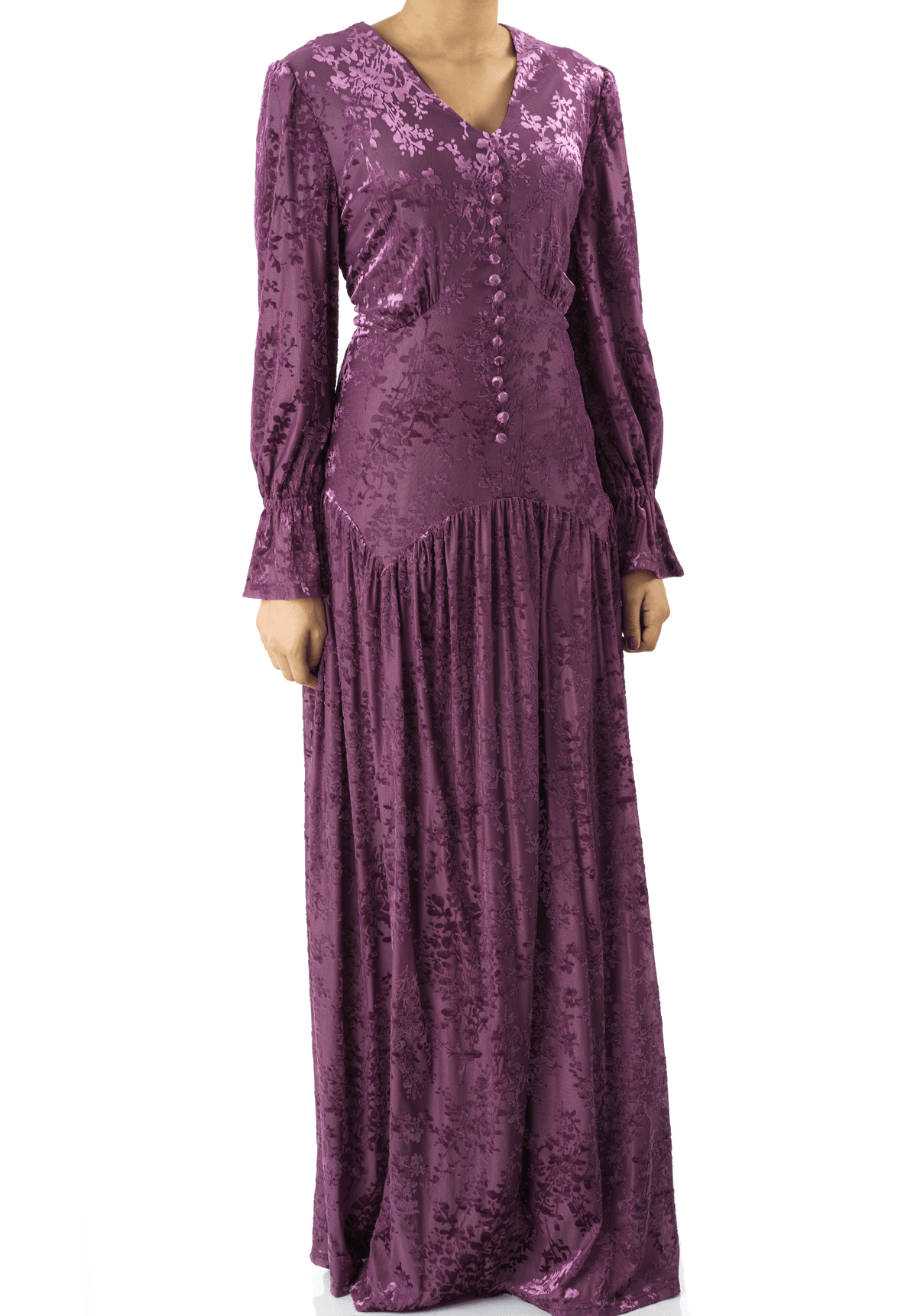 Zaria Eggplant velvet burnout modest maxi dress Kabayare