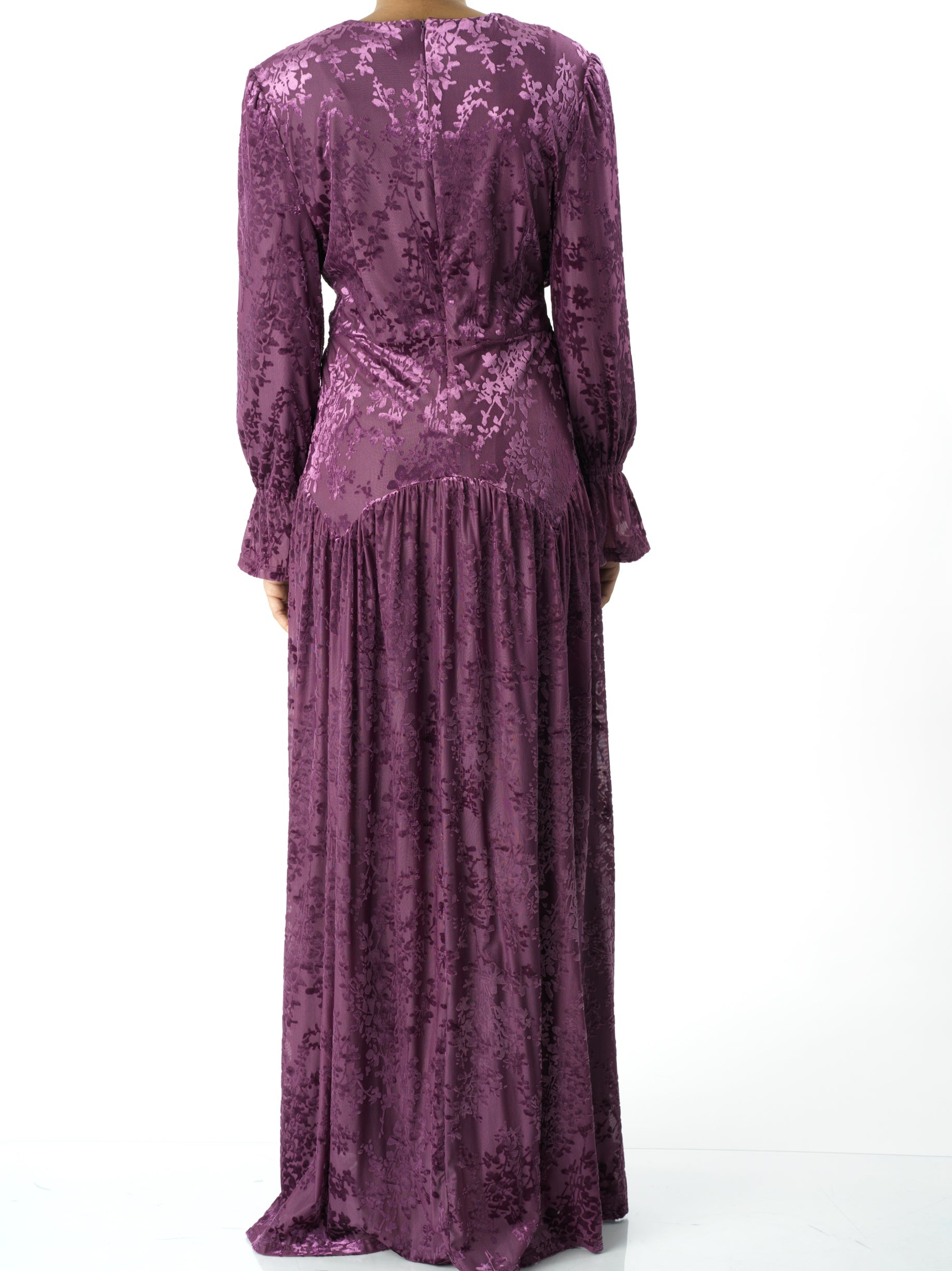 Zaria Eggplant velvet burnout modest maxi dress Kabayare
