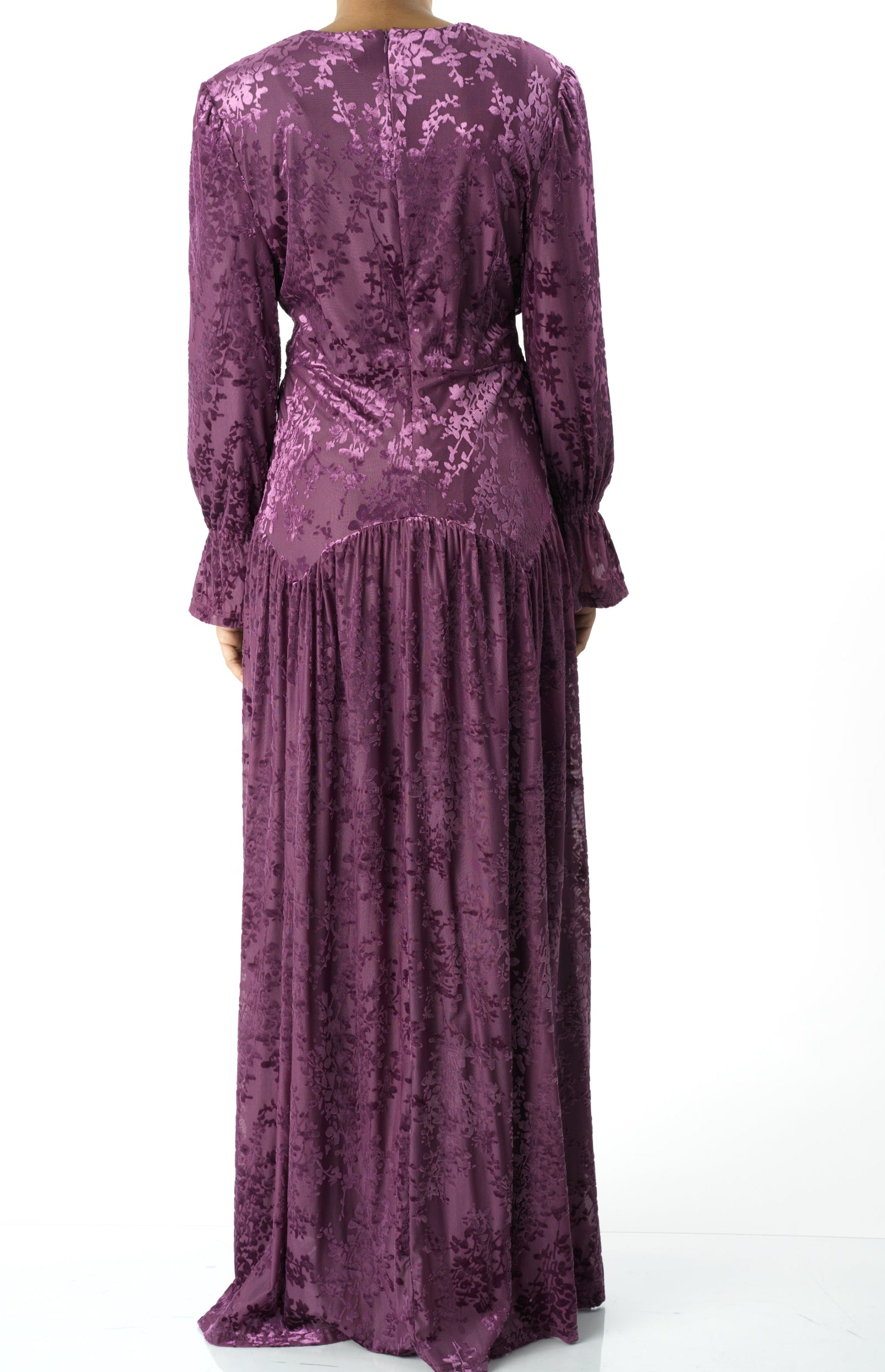 Zaria Eggplant velvet burnout modest maxi dress Kabayare