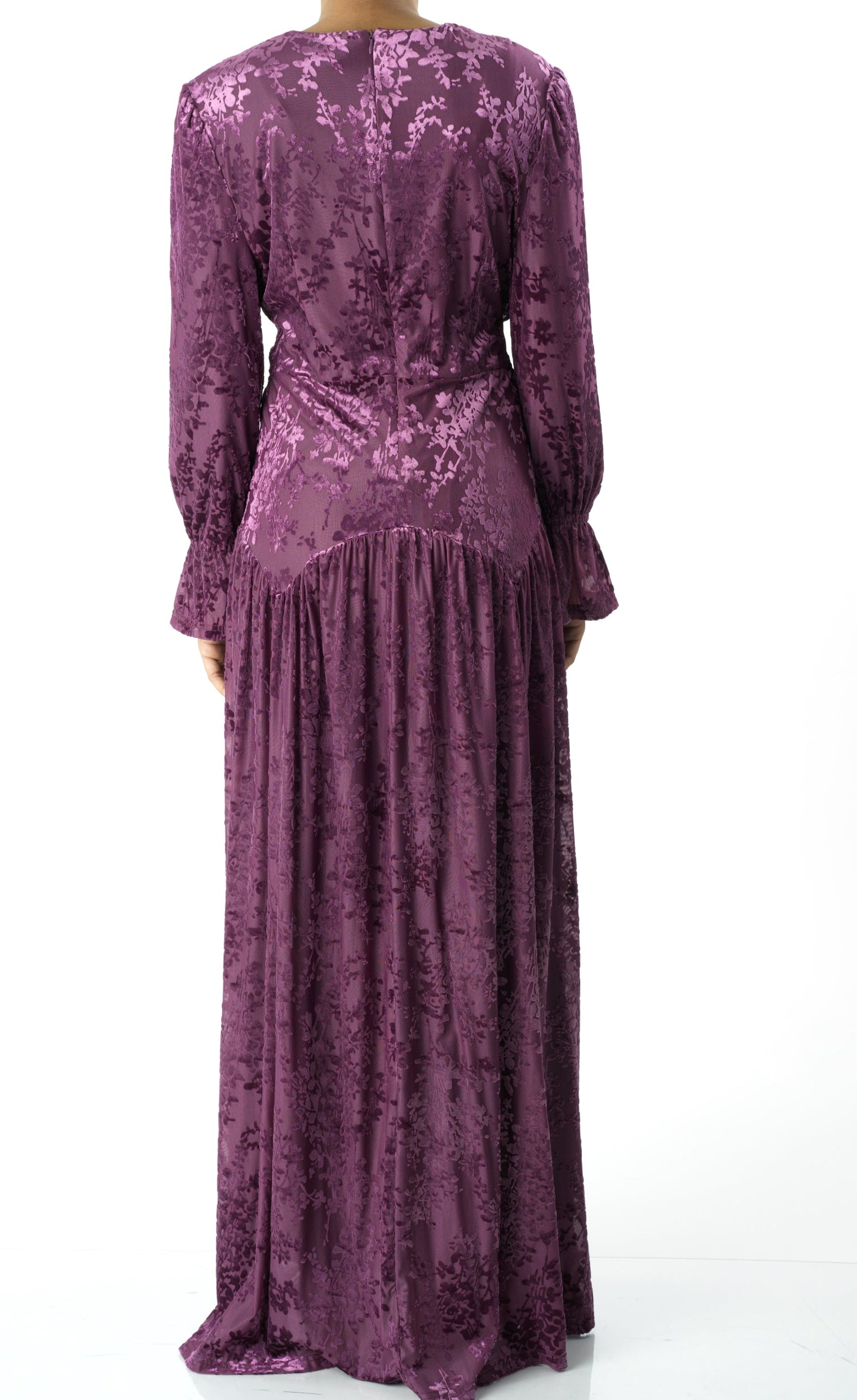 Zaria Eggplant velvet burnout modest maxi dress Kabayare