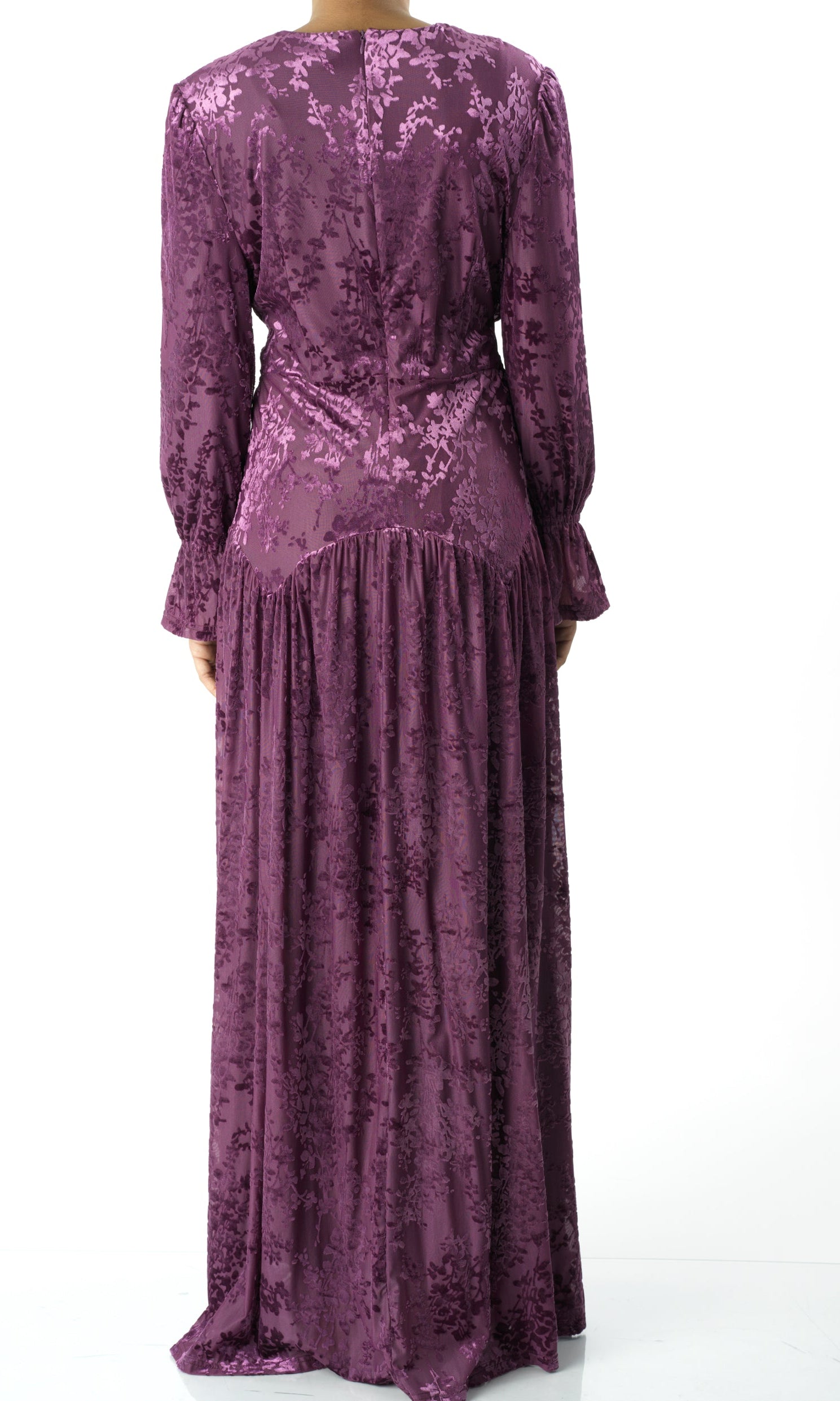 Zaria Eggplant velvet burnout modest maxi dress Kabayare