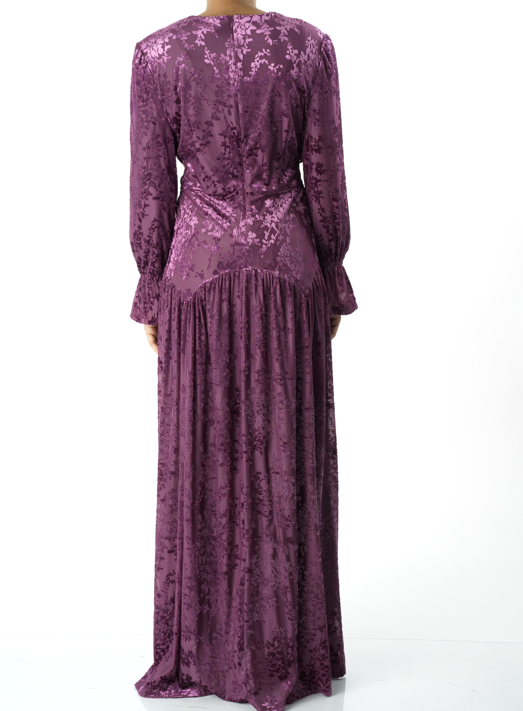 Zaria Eggplant velvet burnout modest maxi dress Kabayare