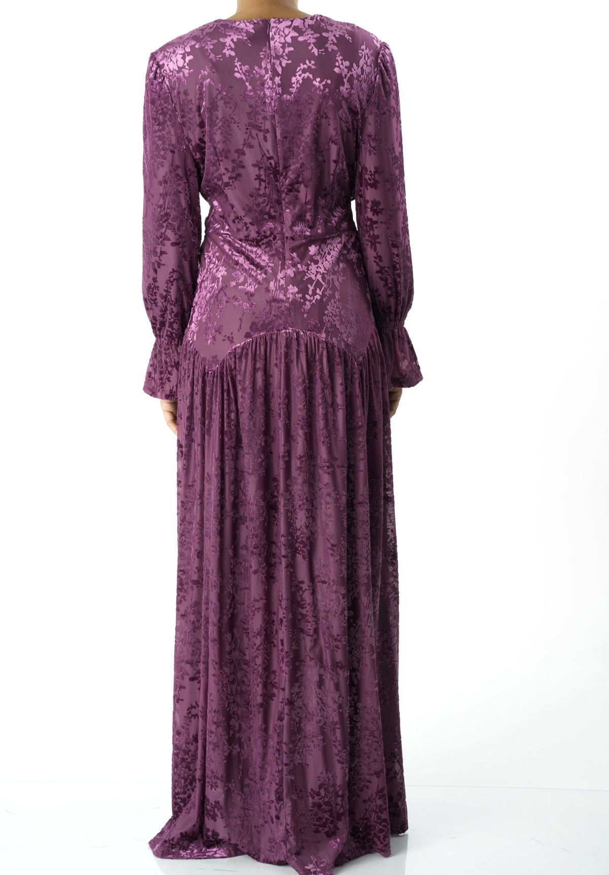 Zaria Eggplant velvet burnout modest maxi dress Kabayare
