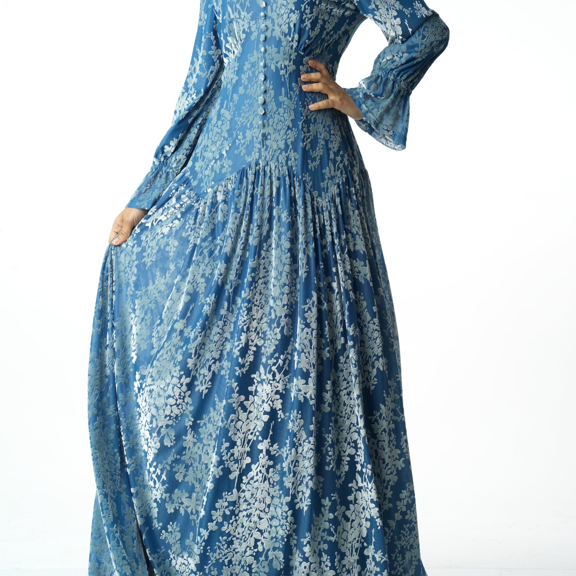 Zaria Pretty Blue velvet burnout modest maxi dress Kabayare
