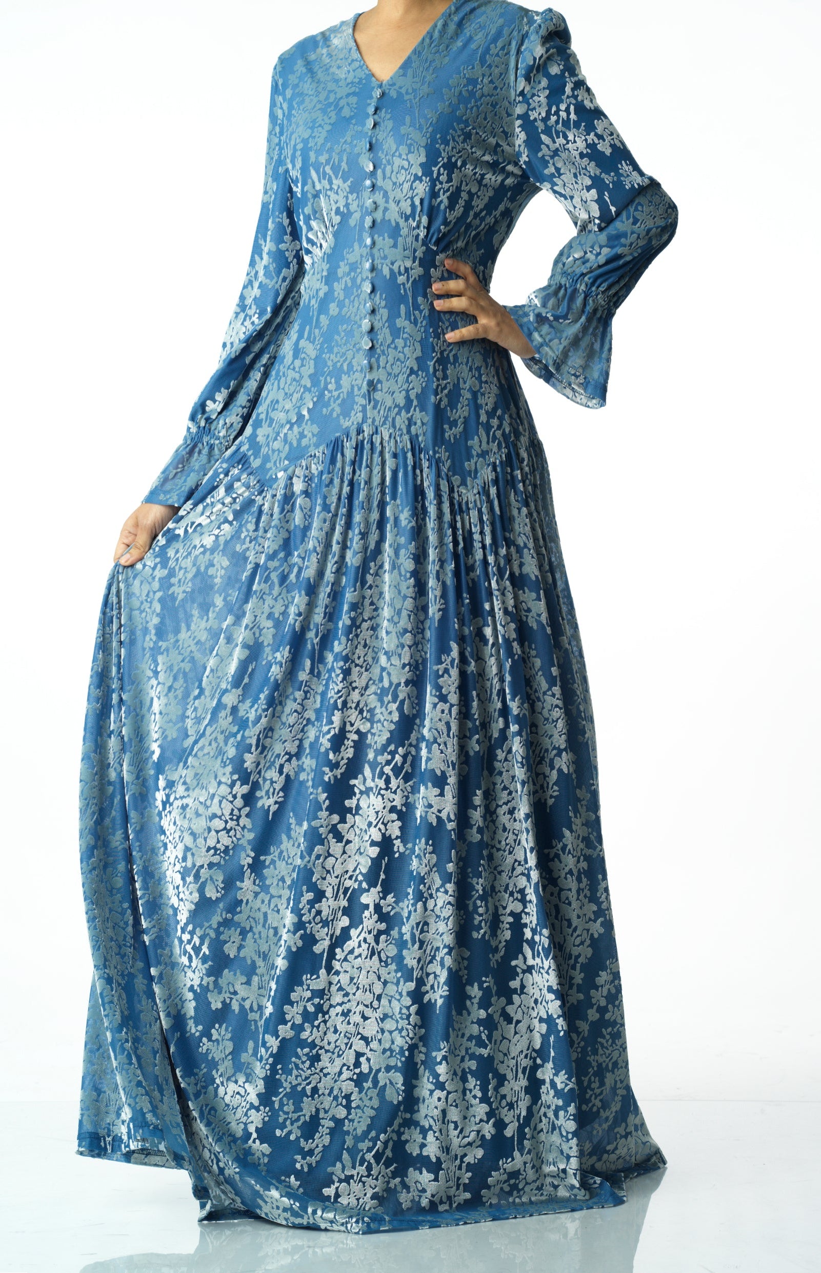 Zaria Pretty Blue velvet burnout modest maxi dress Kabayare
