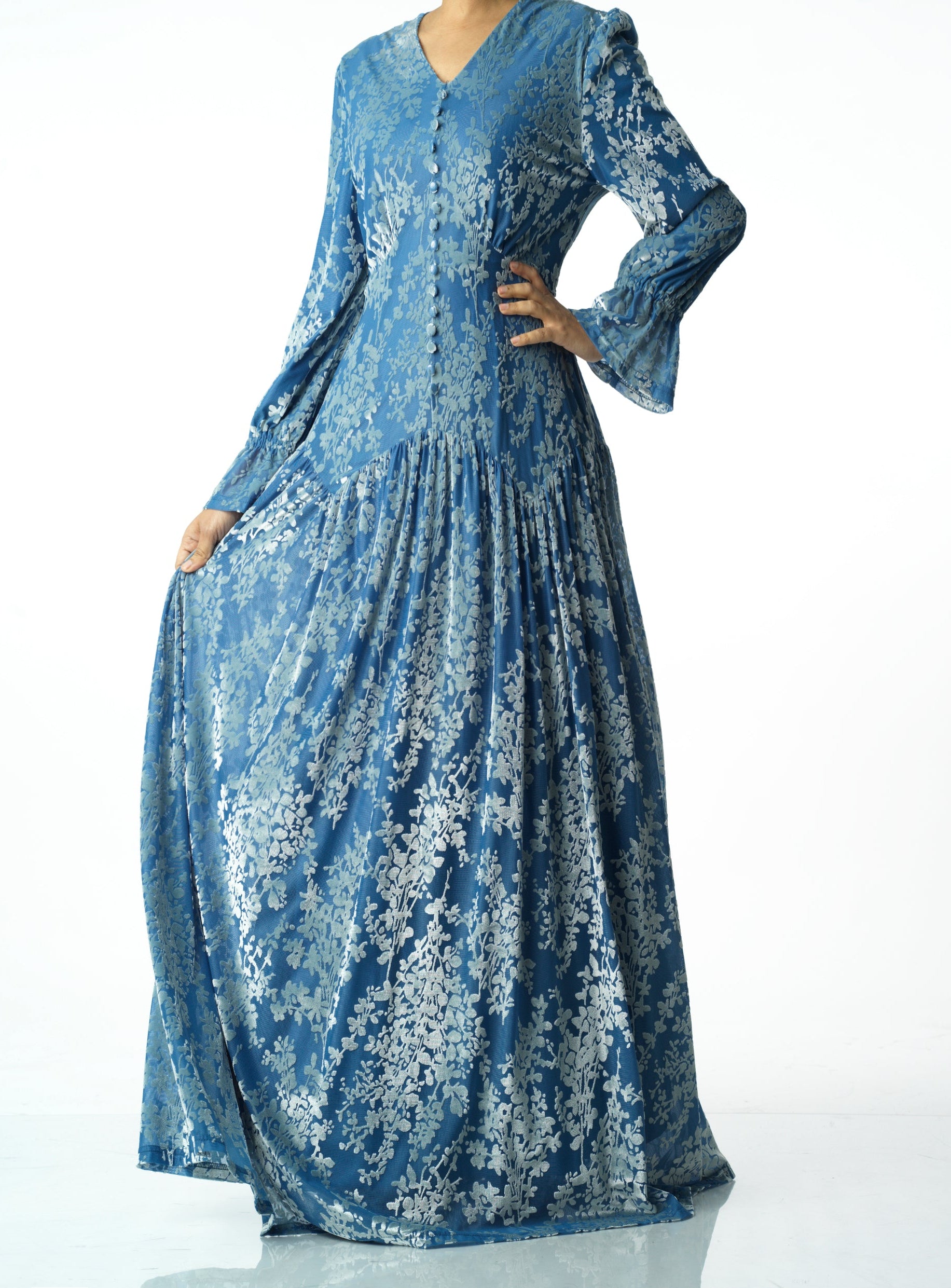Zaria Pretty Blue velvet burnout modest maxi dress Kabayare