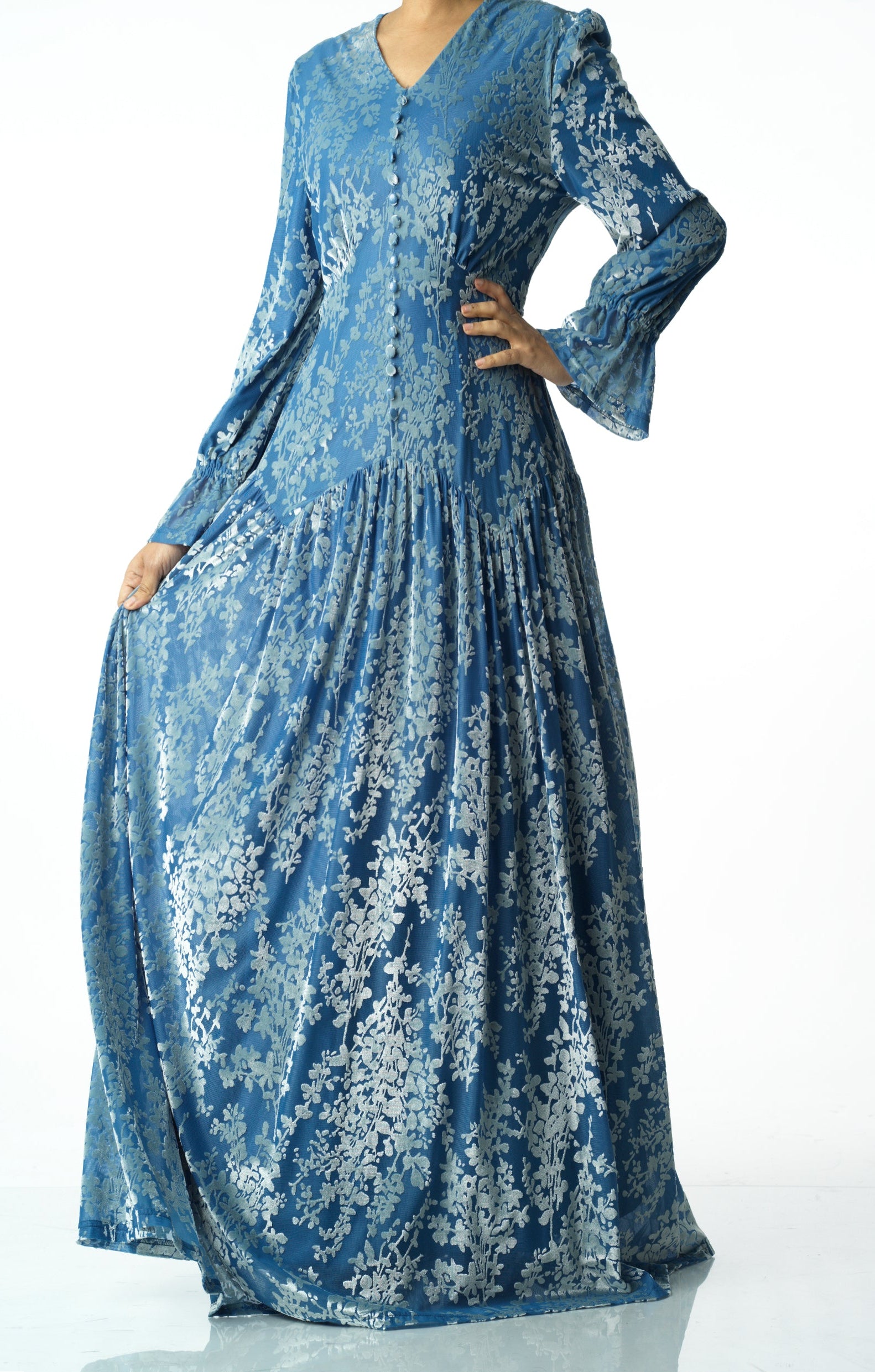 Zaria Pretty Blue velvet burnout modest maxi dress Kabayare