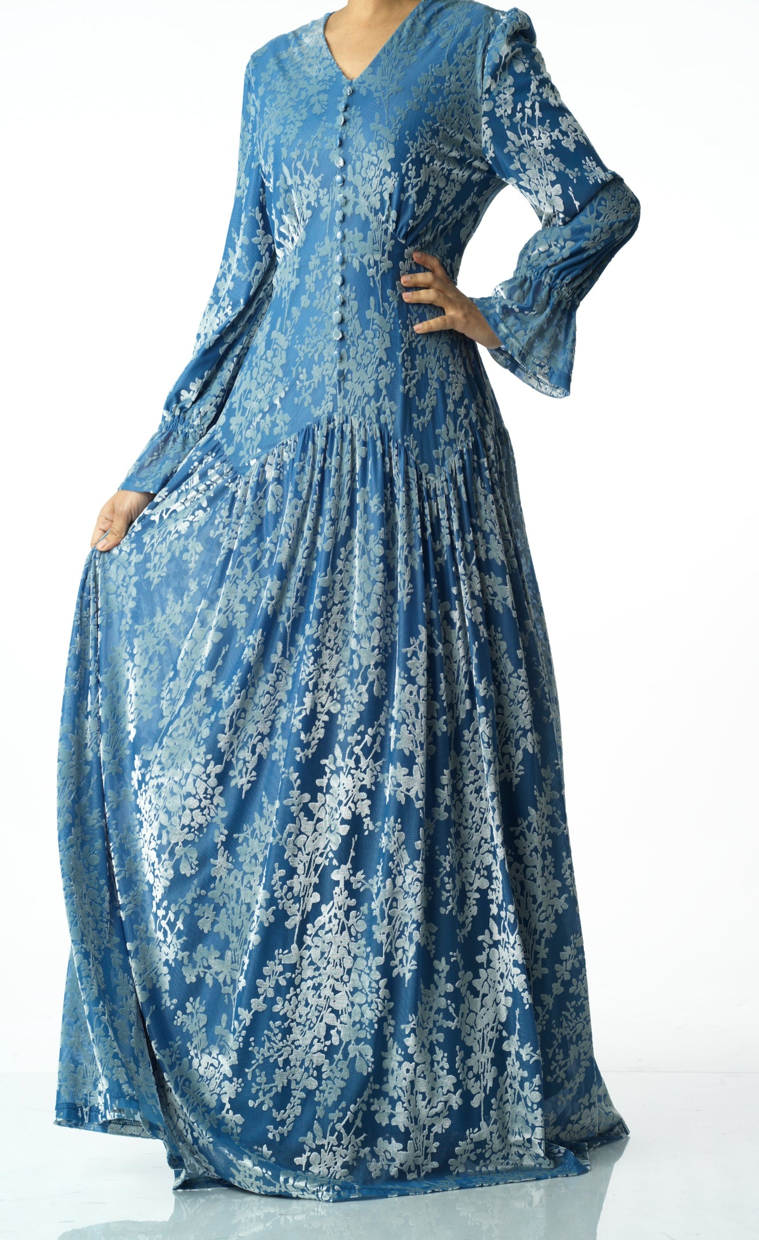 Zaria Pretty Blue velvet burnout modest maxi dress Kabayare