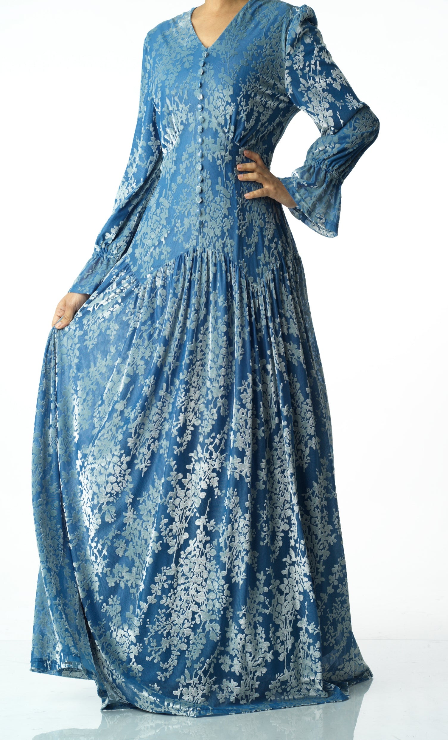 Zaria Pretty Blue velvet burnout modest maxi dress Kabayare