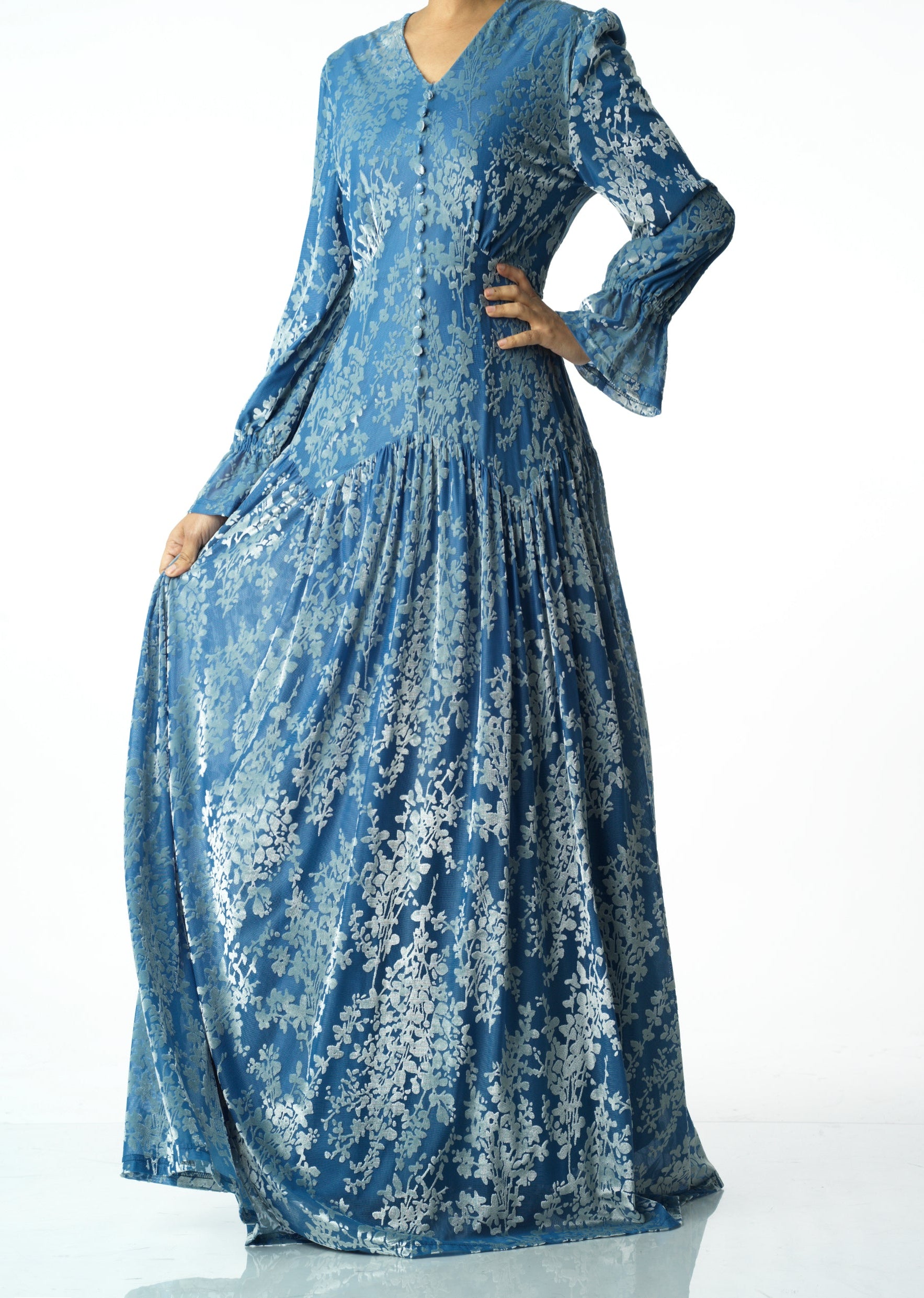 Zaria Pretty Blue velvet burnout modest maxi dress Kabayare