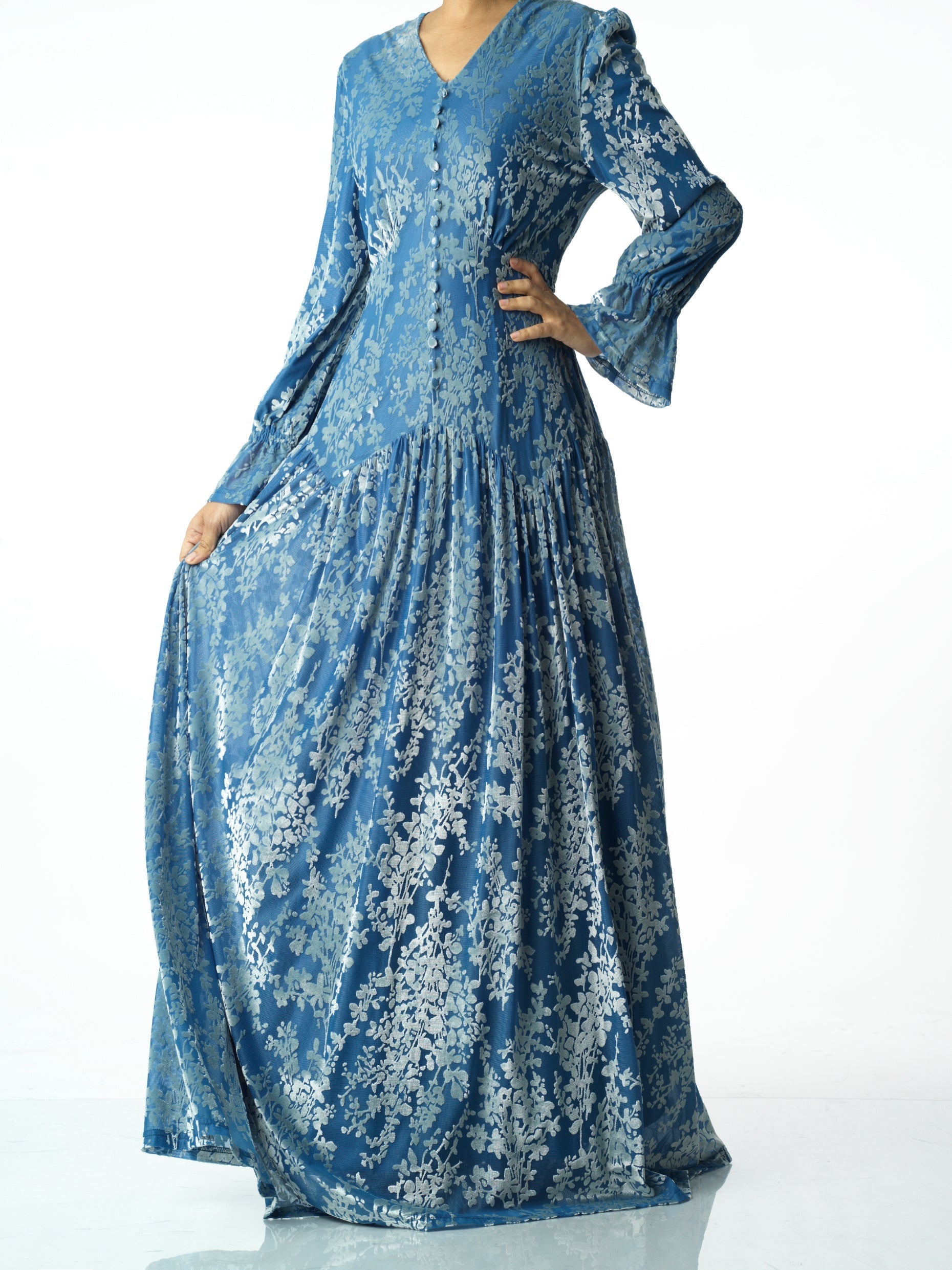 Zaria Pretty Blue velvet burnout modest maxi dress Kabayare