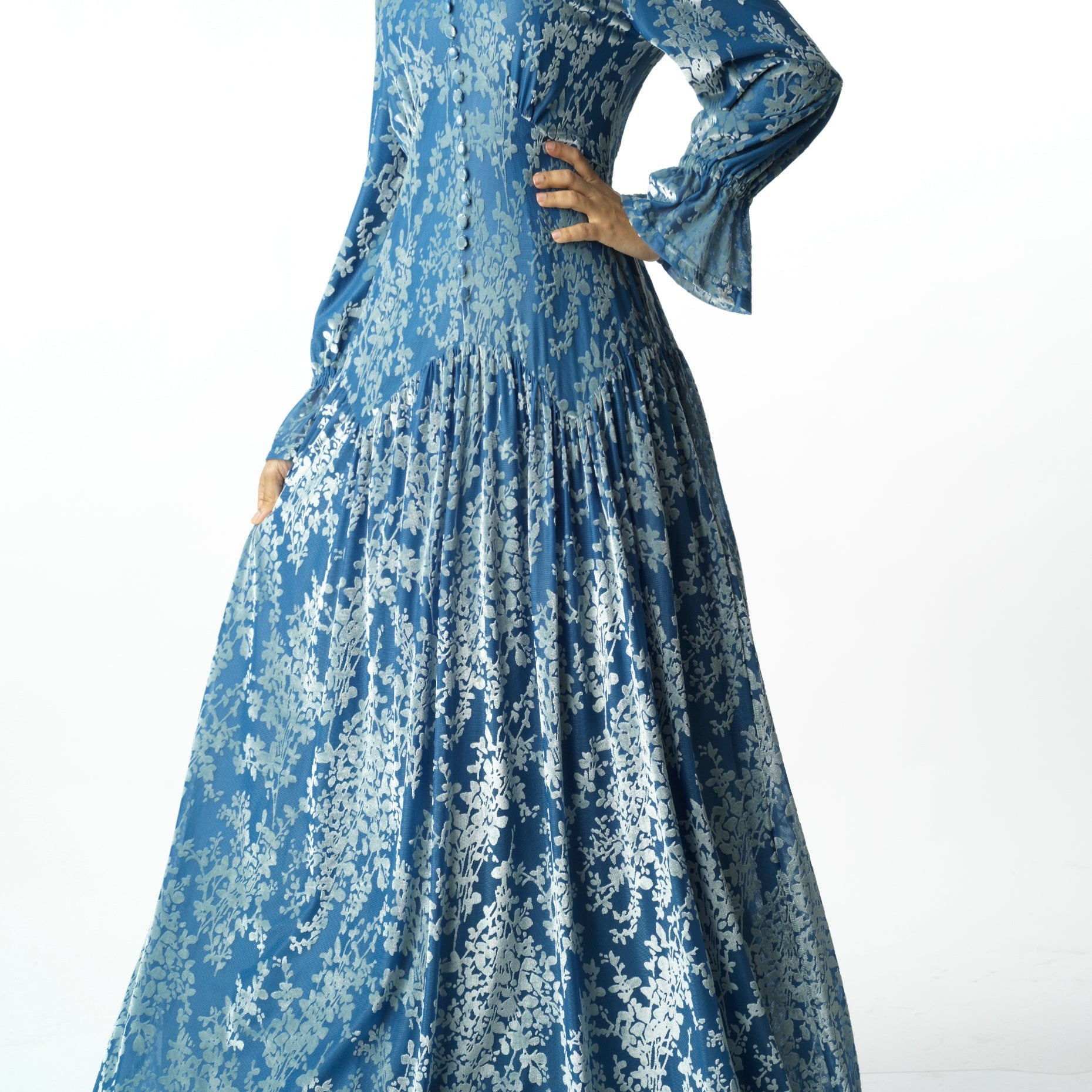 Zaria Pretty Blue velvet burnout modest maxi dress Kabayare