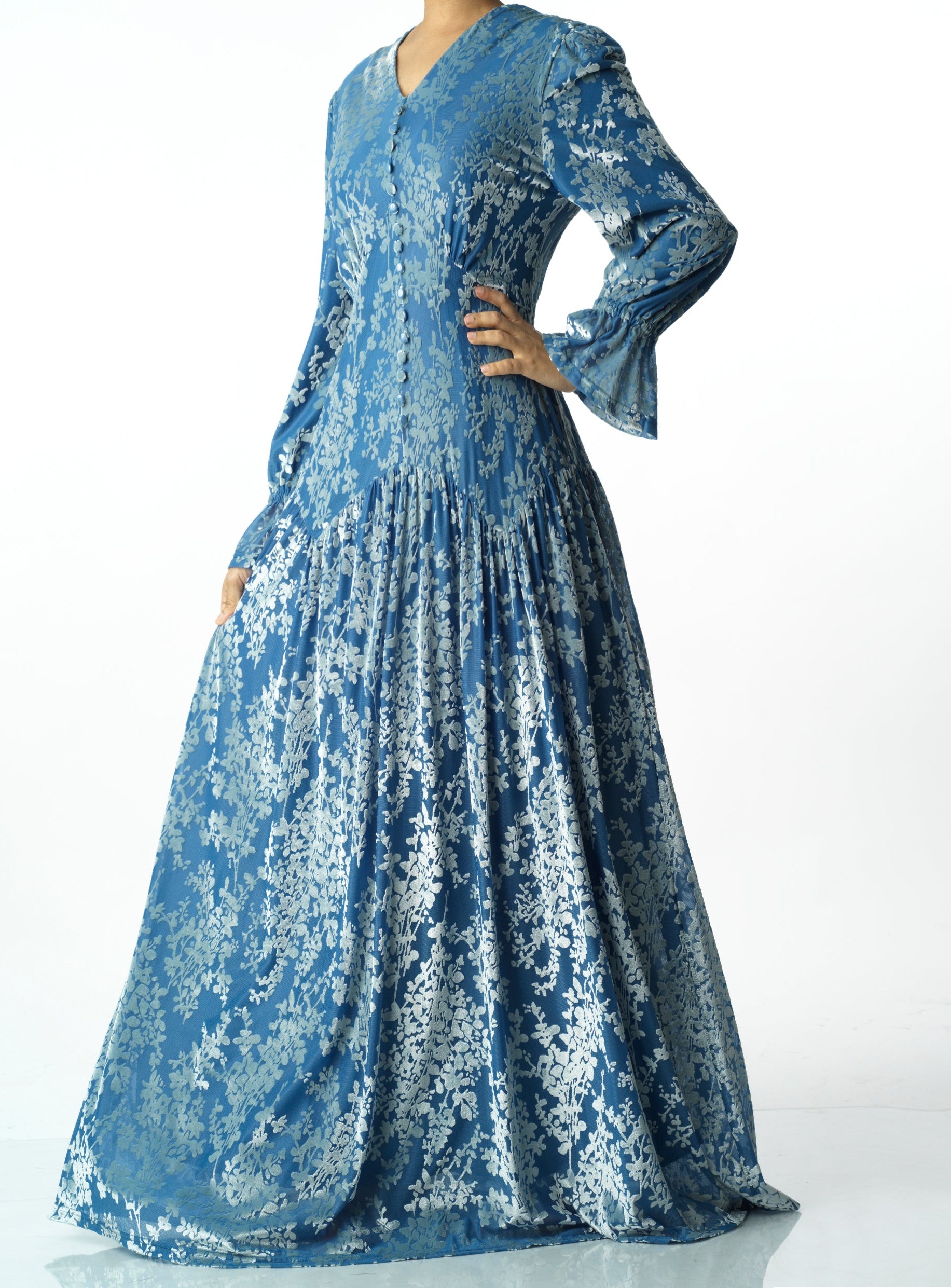 Zaria Pretty Blue velvet burnout modest maxi dress Kabayare