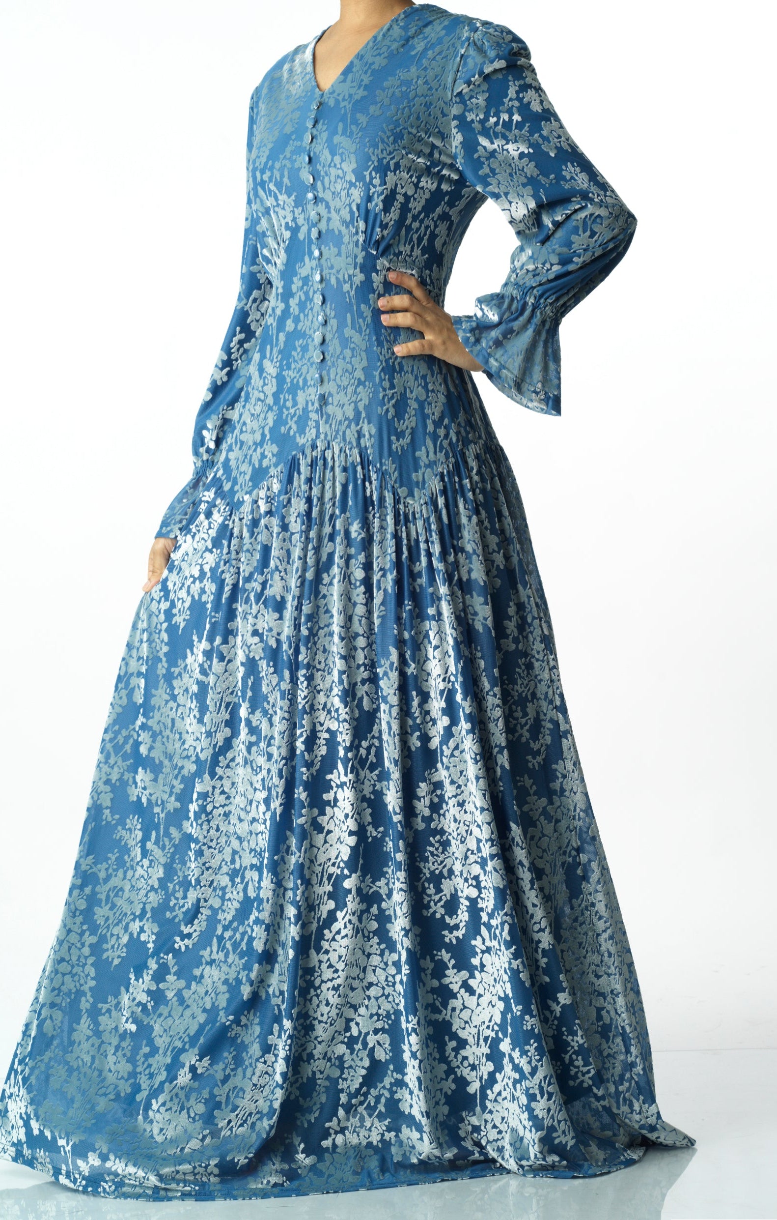 Zaria Pretty Blue velvet burnout modest maxi dress Kabayare