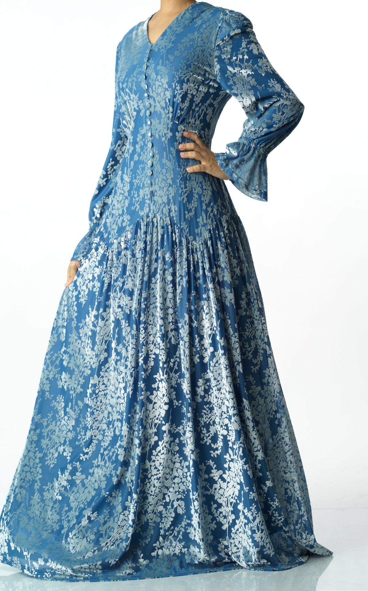 Zaria Pretty Blue velvet burnout modest maxi dress Kabayare
