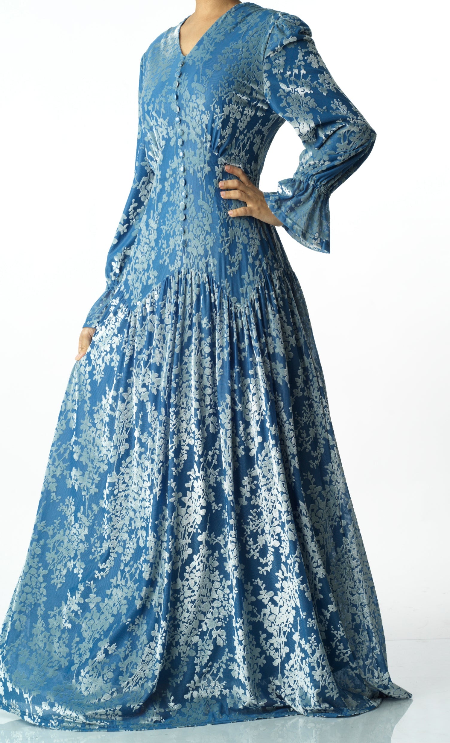 Zaria Pretty Blue velvet burnout modest maxi dress Kabayare